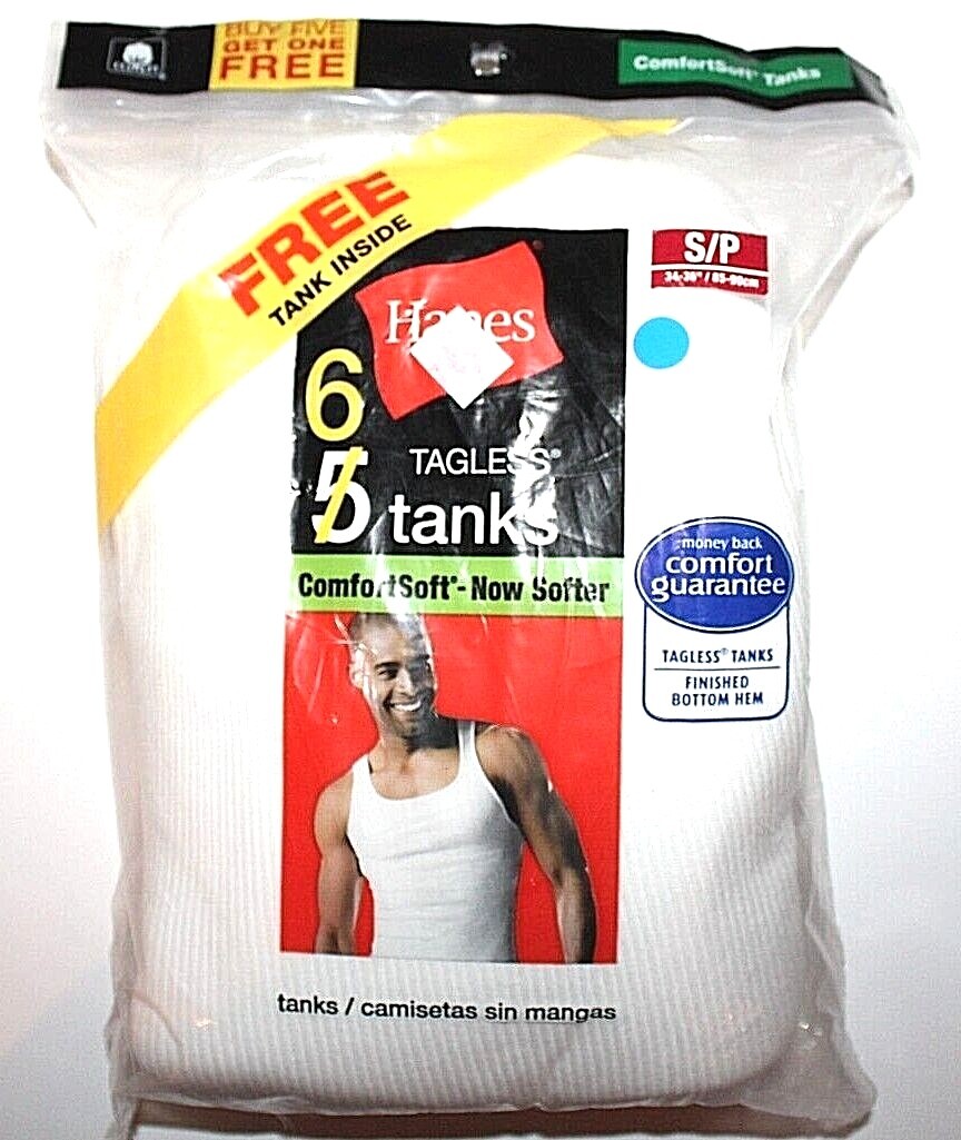 Hanes Men’s White 100% Cotton 6-Pk Tagless Tanks – Small or Medium