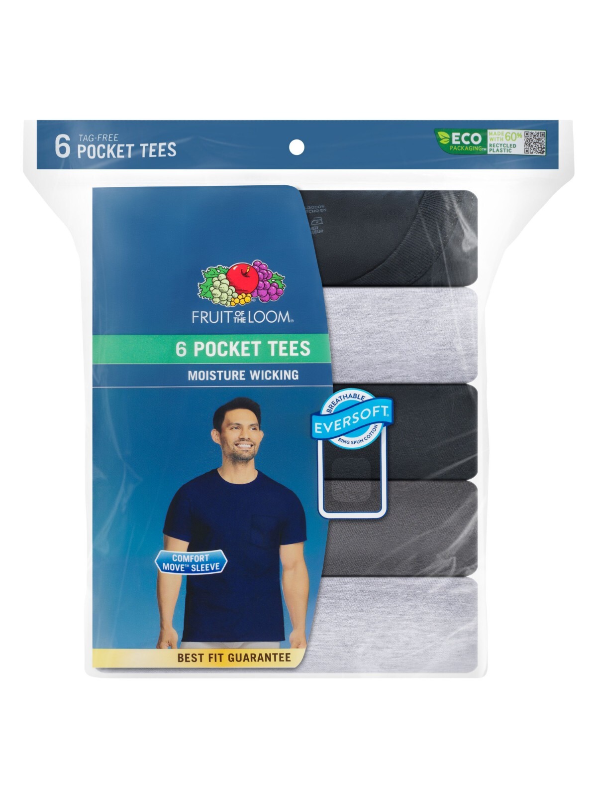 Fruit of the Loom 6-Pack Pocket Tee Men’s T-Shirt Soft and Breathable Assorted