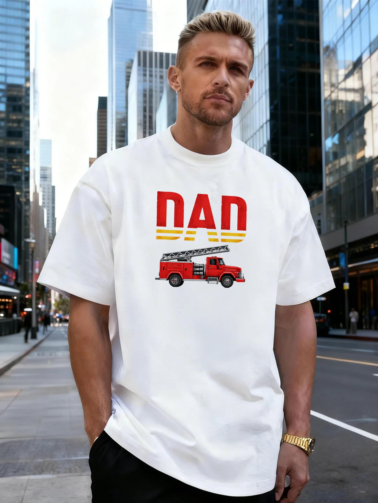 Fire Truck Letter Graphic 100% Cotton Men’s T-Shirt for Daily Streetwear