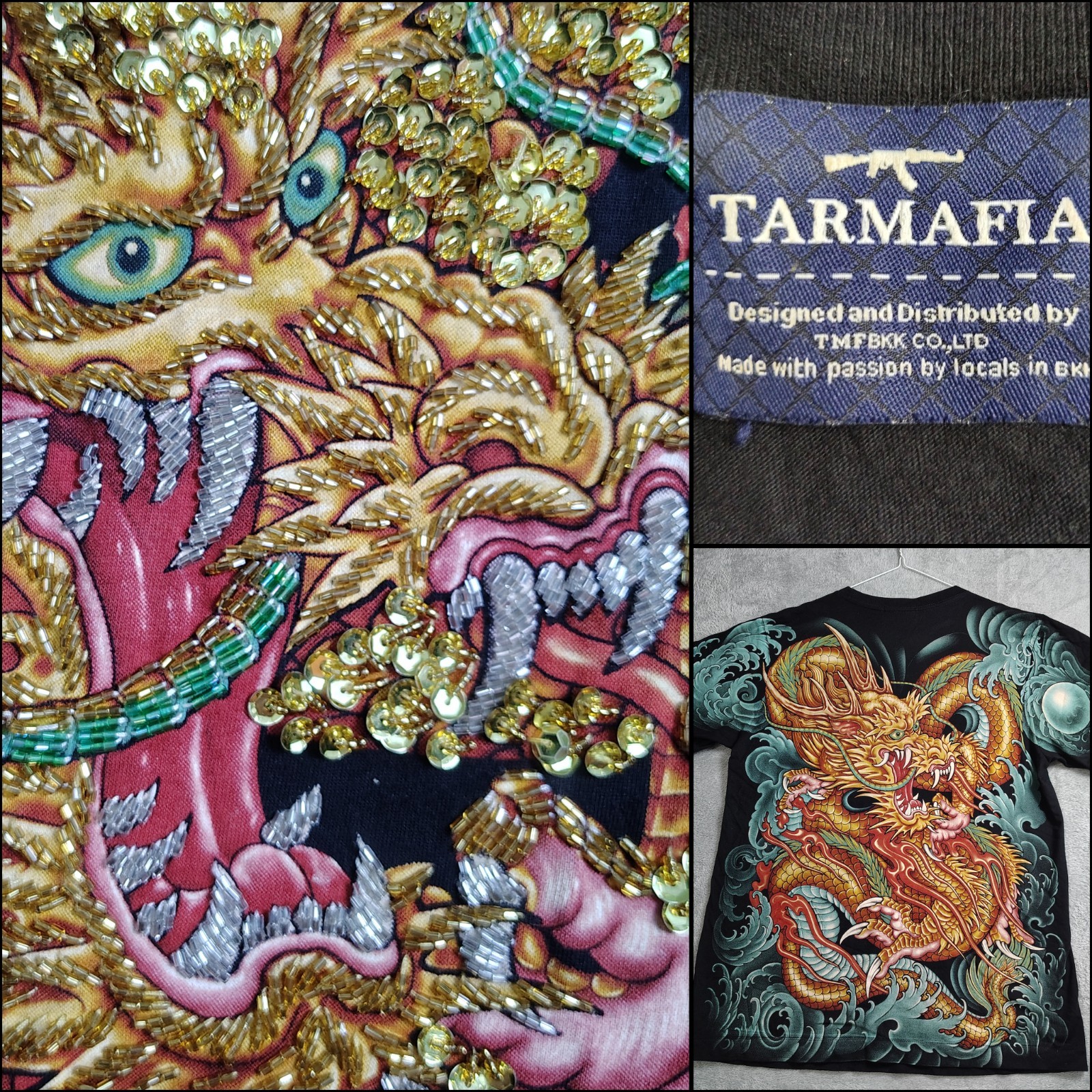 TARMAFIA Year of the Dragon Handmade Sequin & Beaded Mens L Shirt Power Fortune