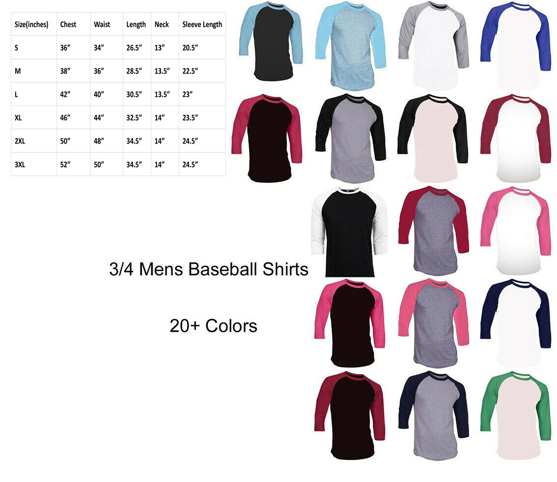 Mens 3/4 Sleeve Baseball Shirts Raglan Cotton Plain Jersey Team Sports T-Shirt