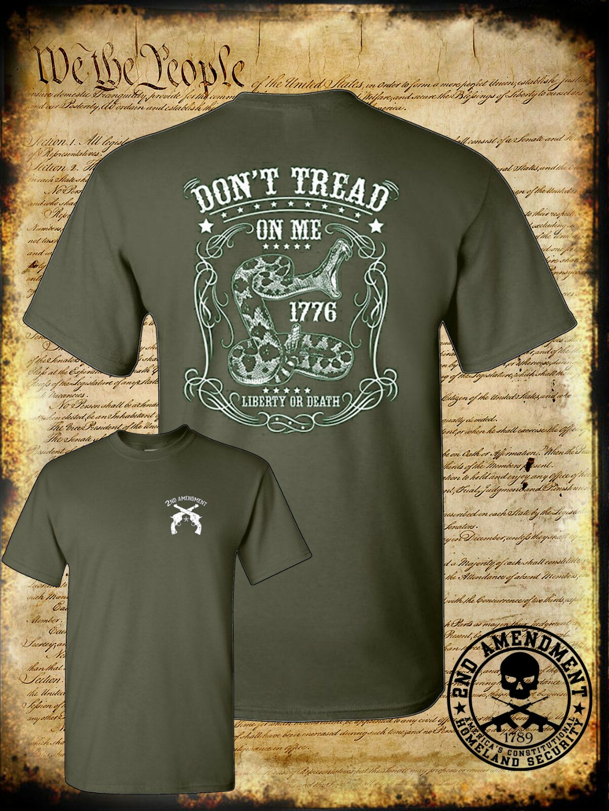 Don’t Tread on Me Snake Liberty or Death 1776 T-Shirt Pro Gun 2nd Amendment USA