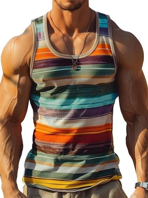 Men’s Striped Gym Tank Top Summer Beach Muscle Sleeveless Shirt Casual Vest S-6X
