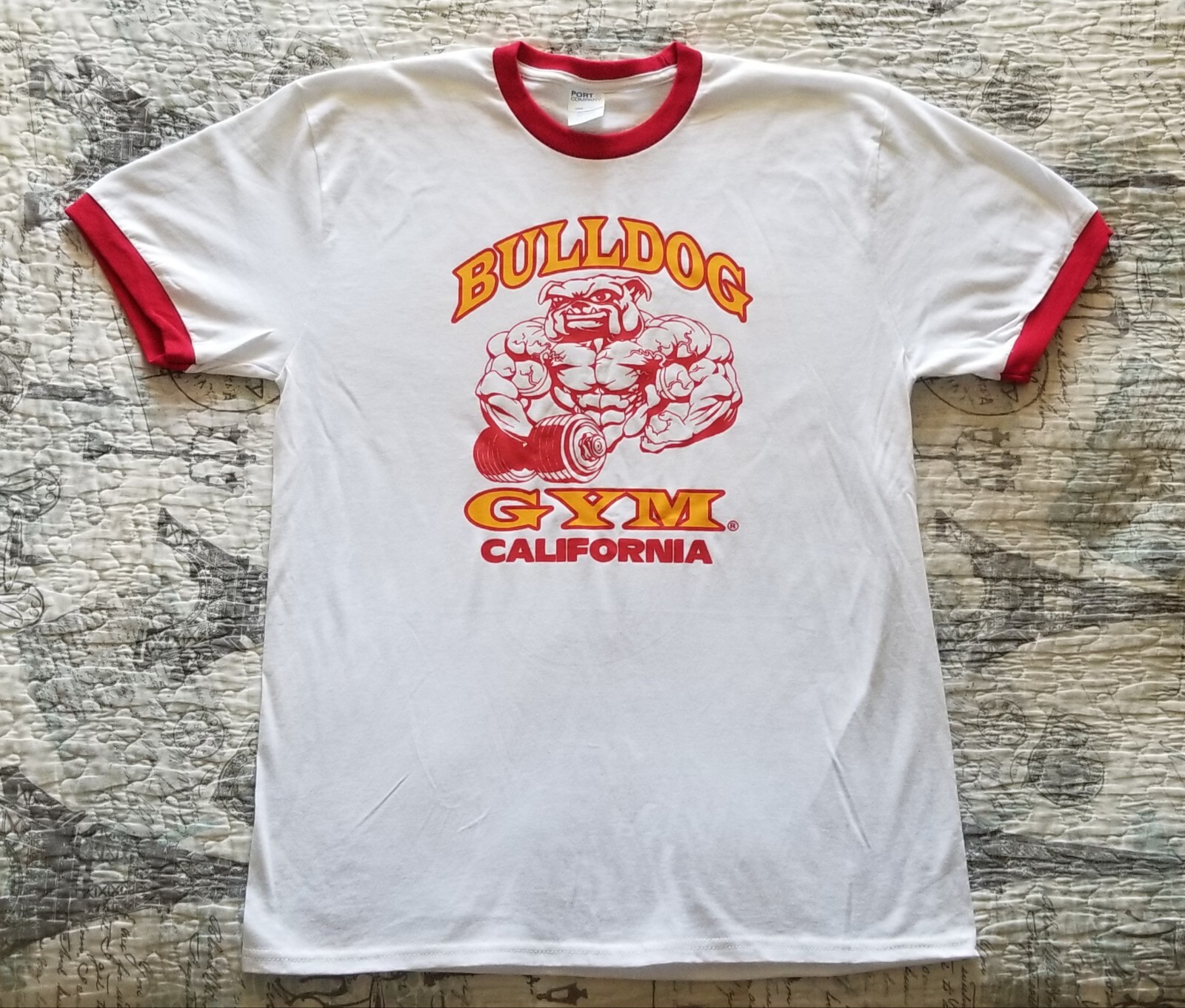 Bulldog Gym Bodybuilding Muscle White / Red / Vintage Gold Ringer T-Shirt