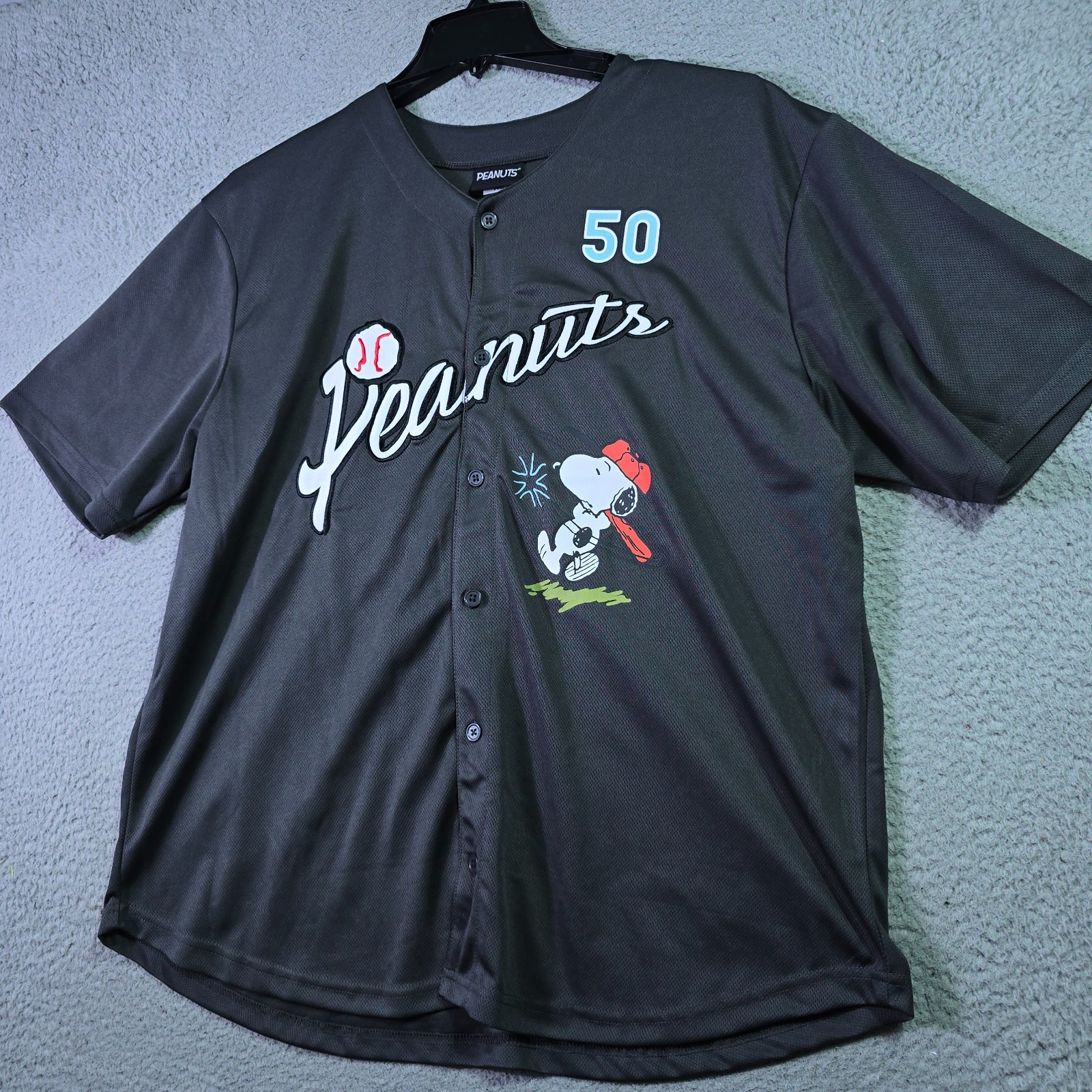 Peanuts® Snoopy Baseball Jersey shirt Mens XL Black Charlie Brown Button Up NWT