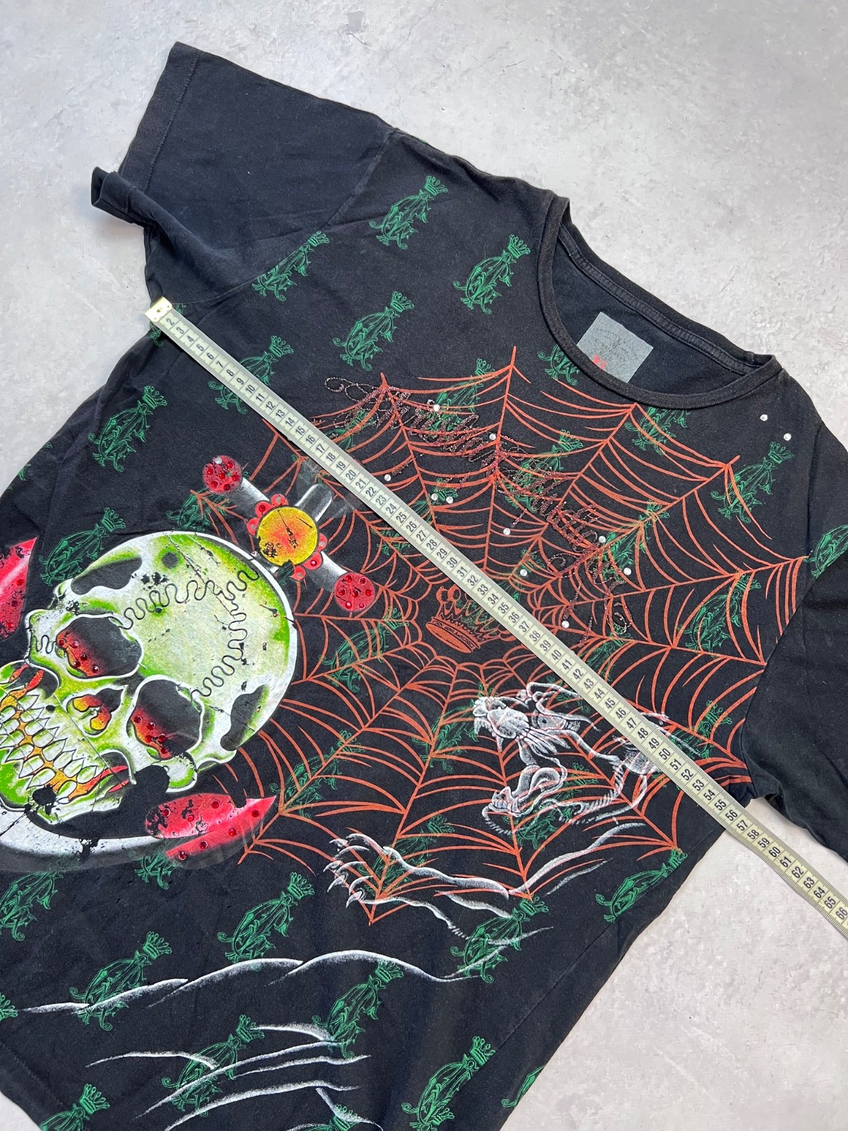 Christian Audigier Skull Spider Web Rhinestone Gothic Graphic T-Shirt Black