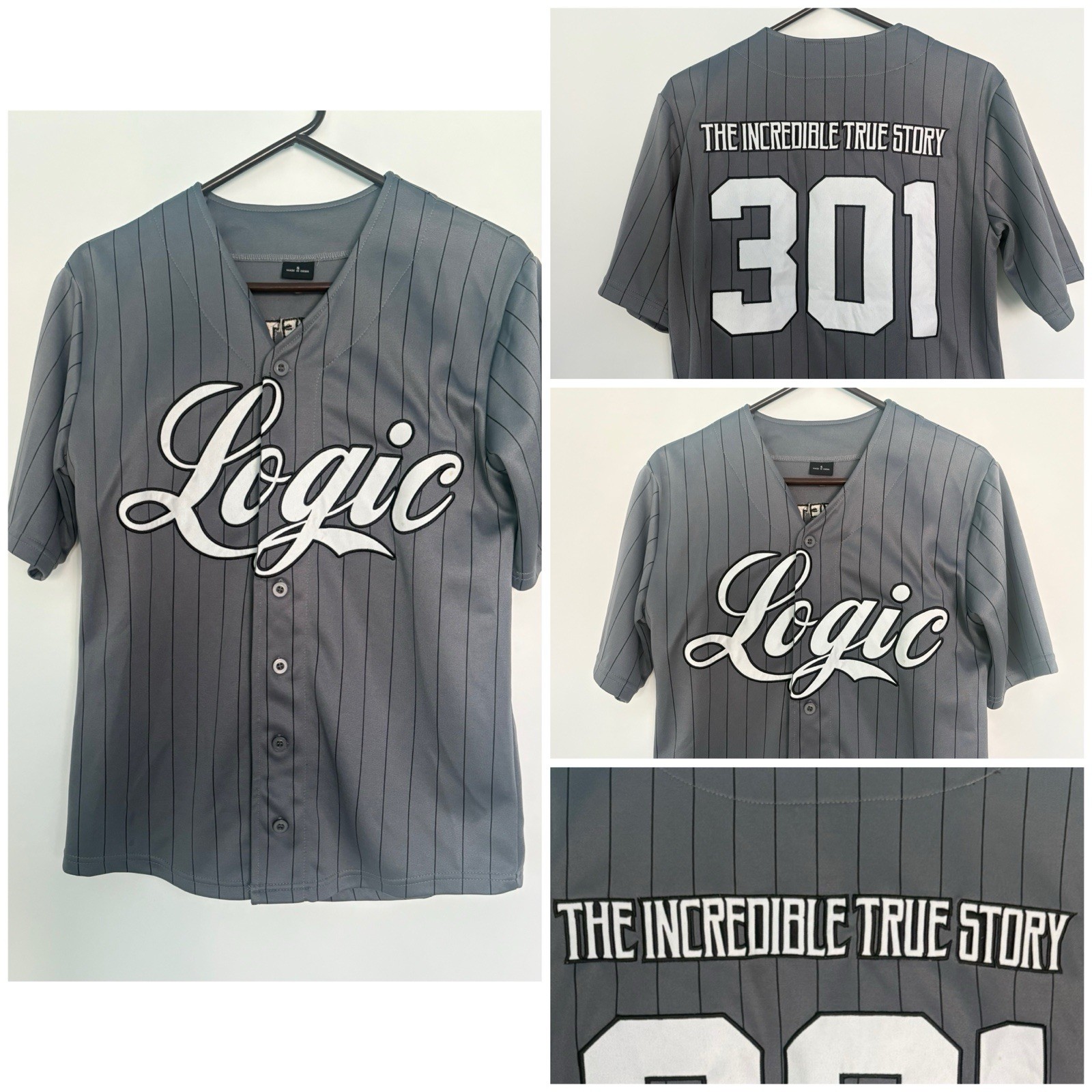 Logic “The Incredible True Story” Baseball Pinstripe Jersey Hip Hop Gray Size S