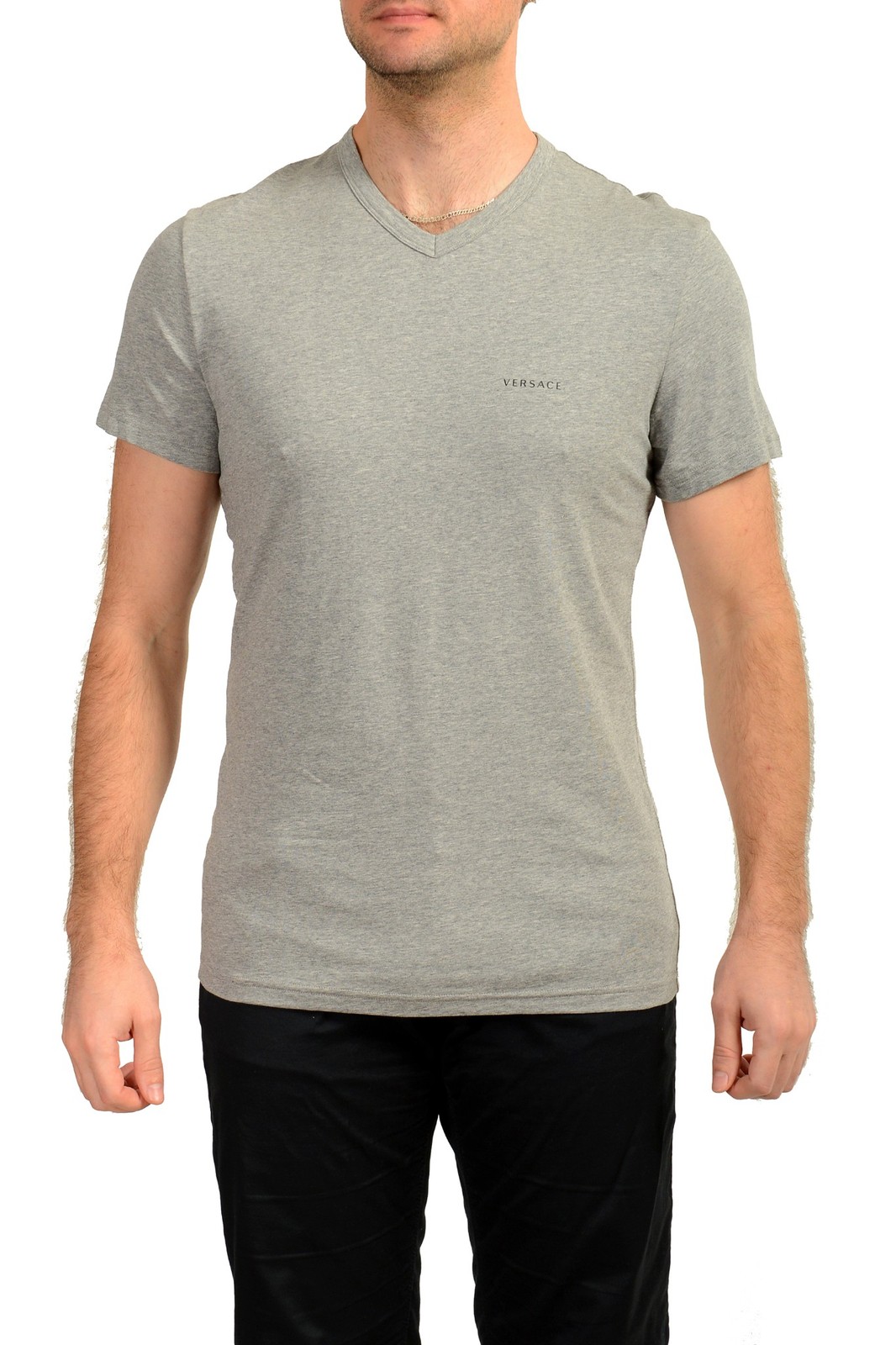 Versace Men’s Gray Logo Print V-Neck T-Shirt Versace sz 3 US XS IT 46