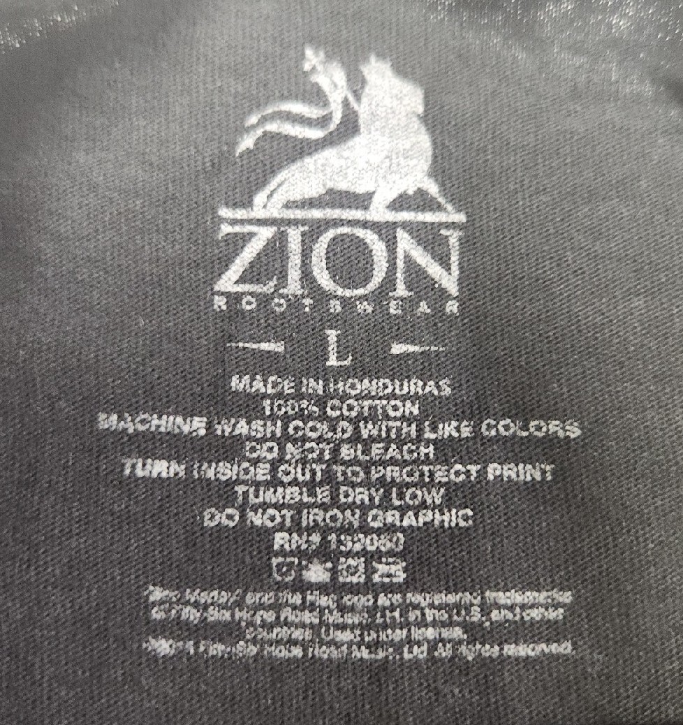 Bob Marley Reggae Zion Rootswear Black T Shirt Men’s Size L Large