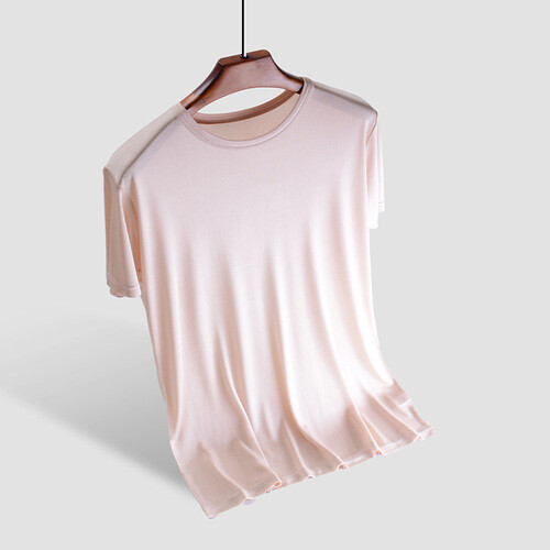 Men’s Silk T-Shirt Knitted Crew Neck Short Sleeve Summer Casual Top Soft
