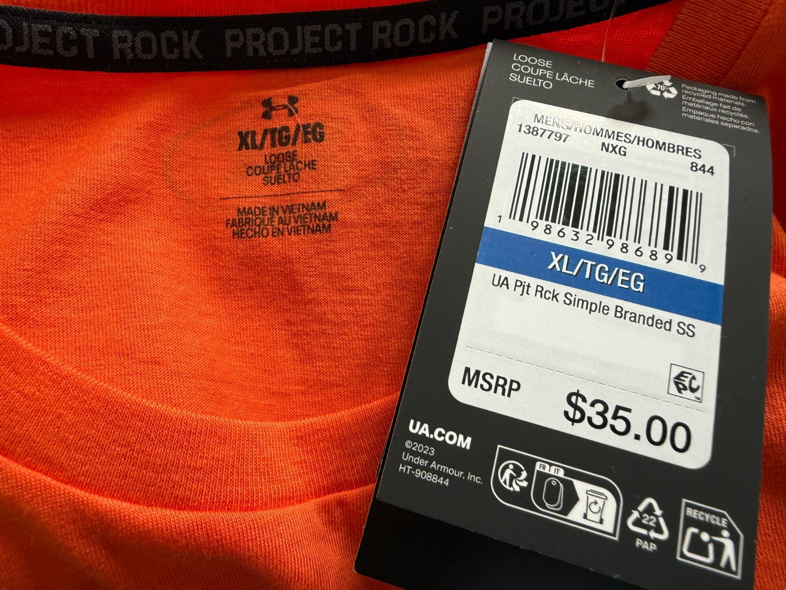 Under Armour Men’s Project Rock Simple Branded Sz L / XL Orange T Shirt New