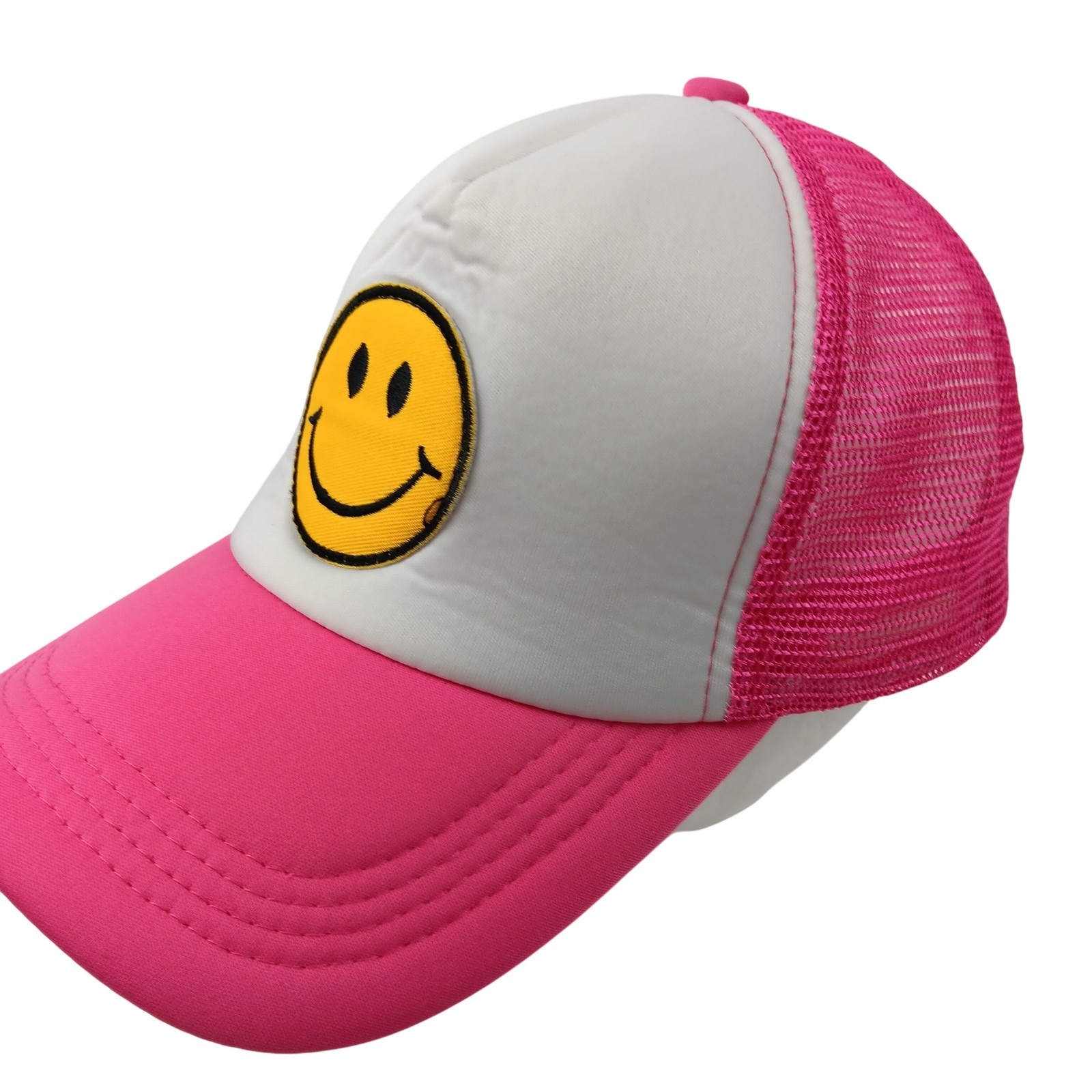 Smiley Face Hat Cap Snap Back Pink White Mesh Trucker Embroidered Patch Mens Fun