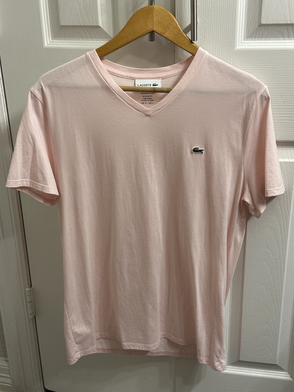 Lacoste Mens Pink Striped Cotton V-Neck T-Shirt Short Sleeve Size L Designer Tee