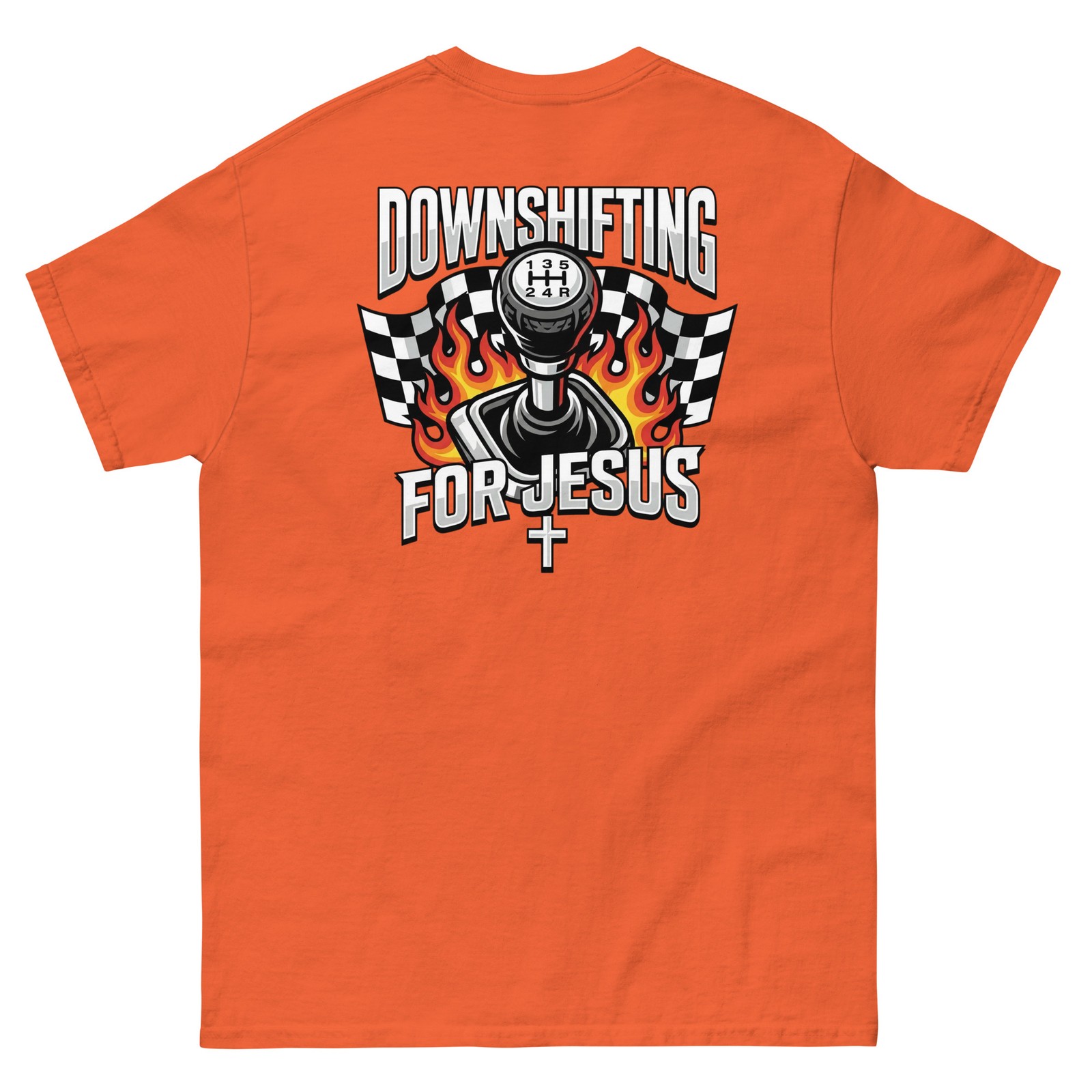 Downshifting for Jesus shifter flames checkered flag racing car racecar