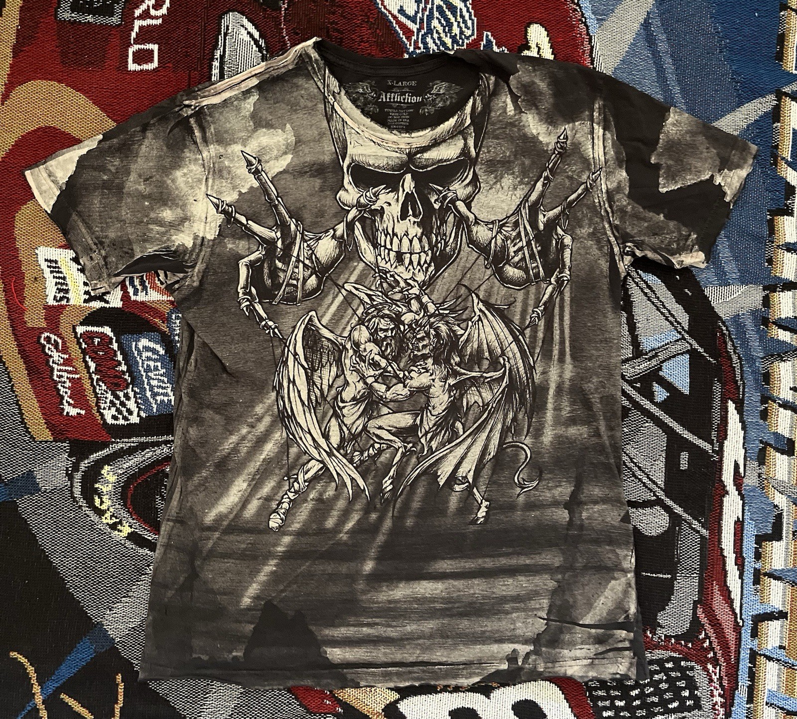 Affliction Puppet Master Shirt Angels vs Demons Gray Men’s XL Rare Y2K