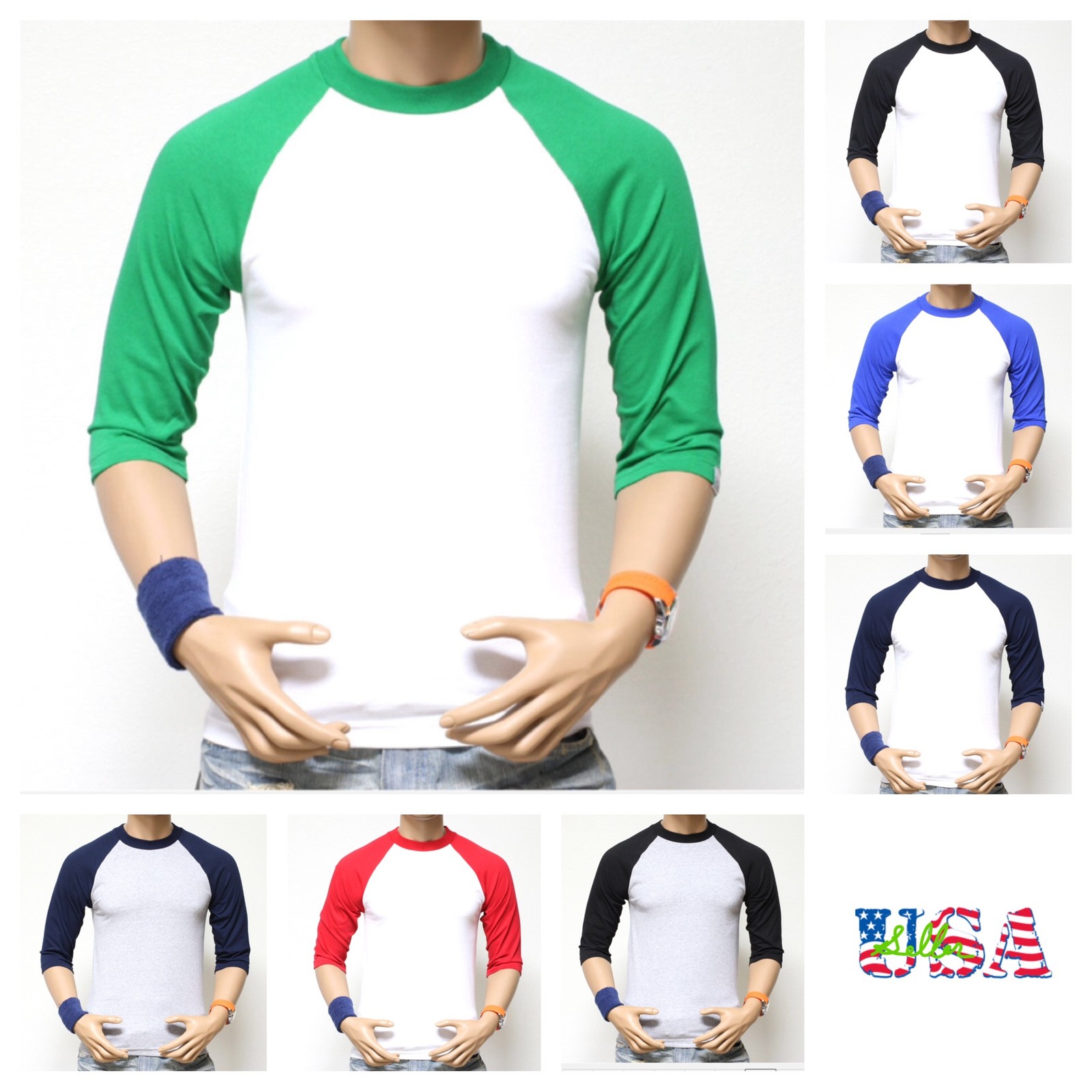 PRO CLUB HEAVY WEIGHT 3/4 Sleeve Baseball Raglan Sports Jersey T-Shirt Crew Neck