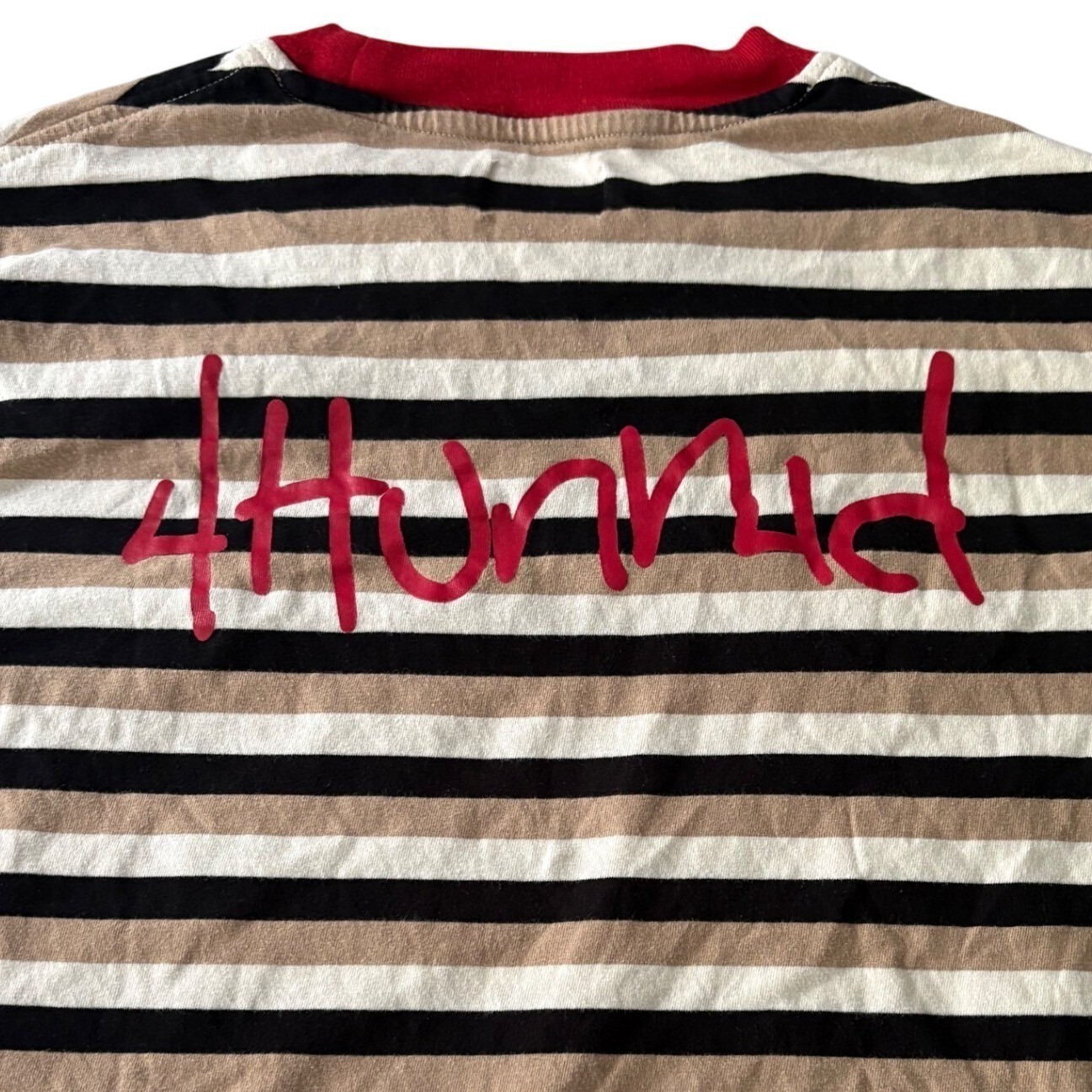4Hunnid Ringer T-Shirt Mens Medium Striped Tan Black Red Streetwear Skate Tee