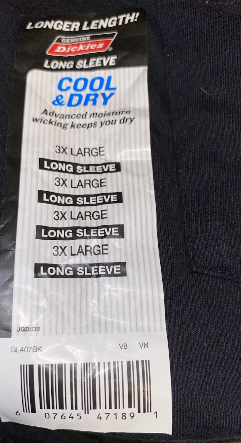 Dickies Black Longer Length Cool & Dry Long Sleeve Pocket Tee, Size 3XL