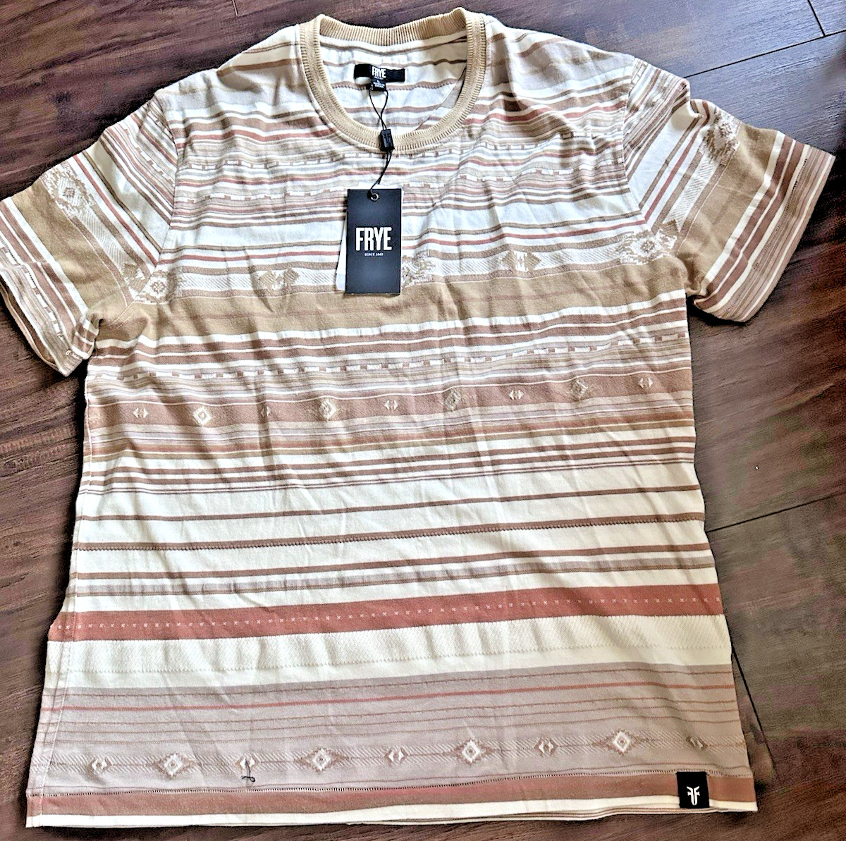 Frye Men’s Southwestern Short Sleeve Striped Crewneck T-Shirt Neutral Beige L