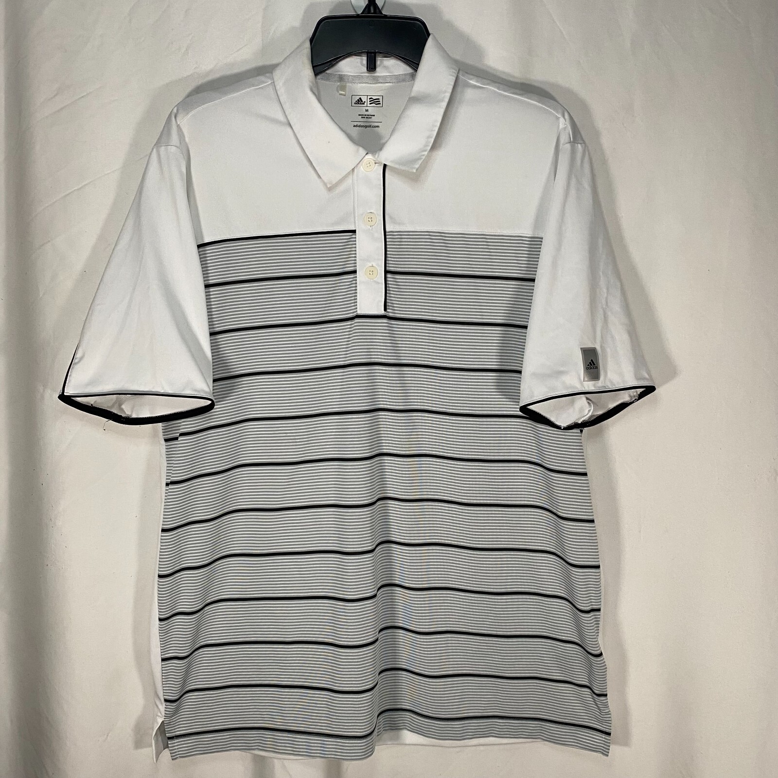 ADIDAS Shirt Mens Medium Dry Fit Golf Polo White Black Stripes Short Sleeves