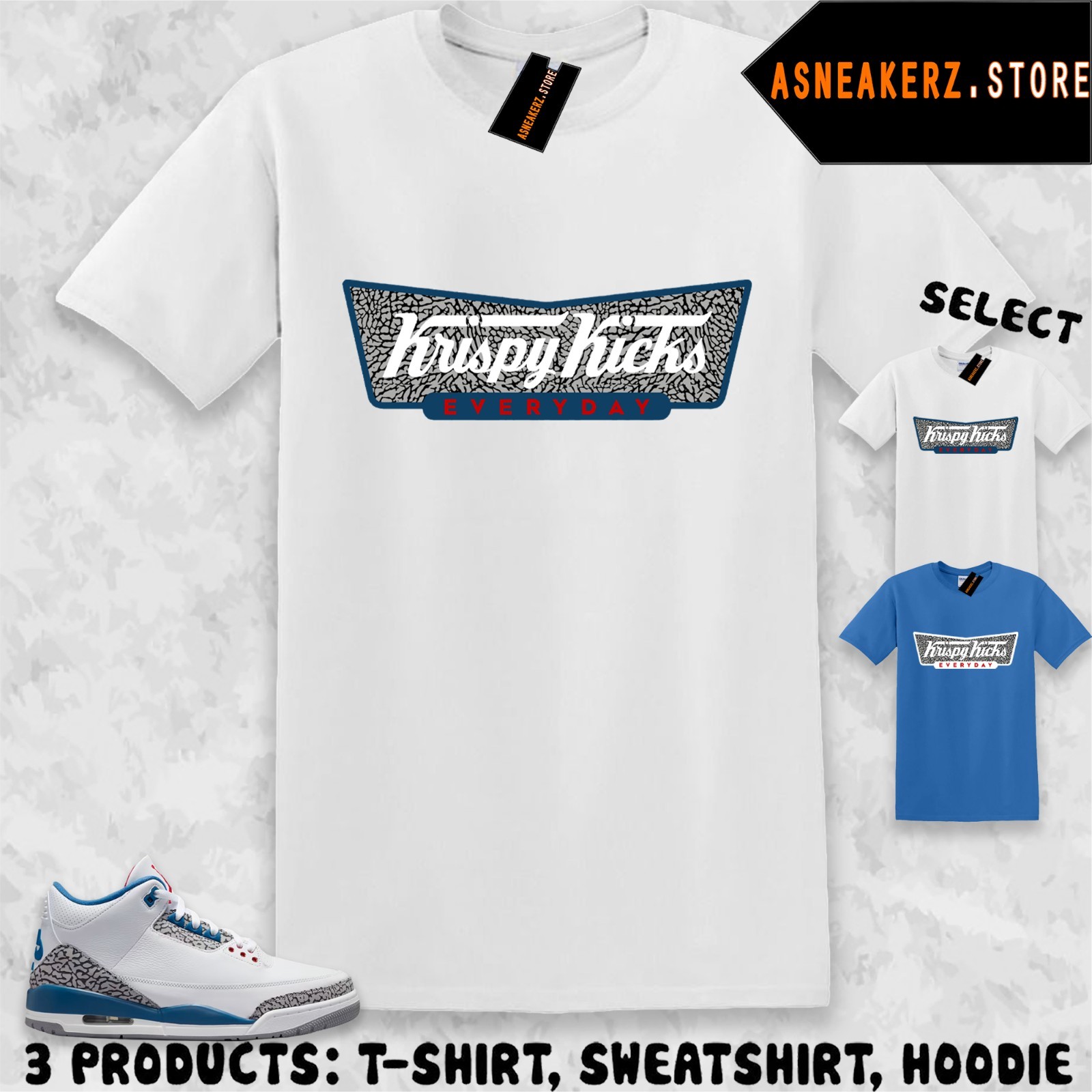 Tee Shirt Matching AJ 3 OG True Blue 2026 To Match Sneaker Krispy Kicks T-Shirt