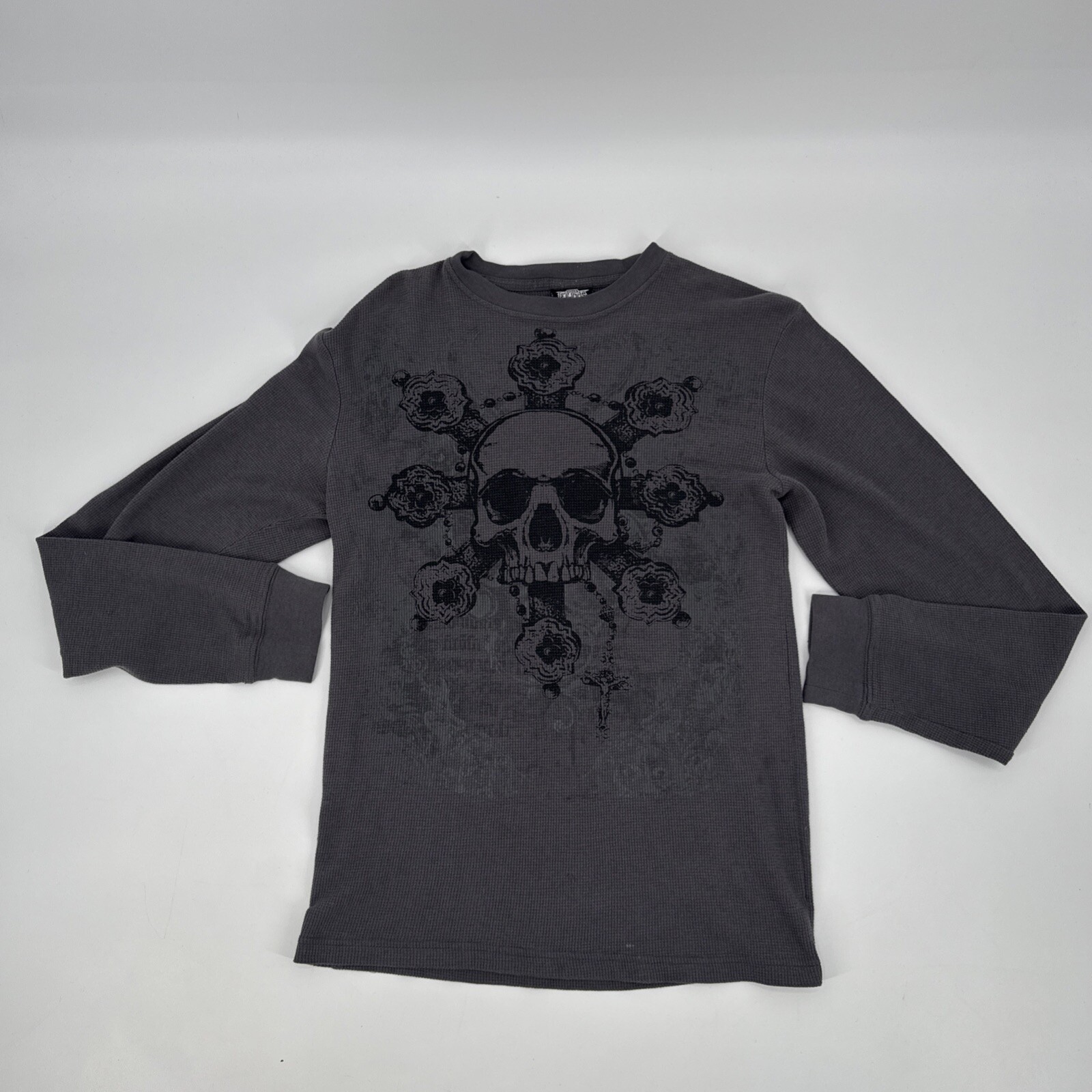 Y2K MMA Elite Thermal Waffle L/S Jui-Jitsu Gray Skull Cross Sz M 2Sided Graphic