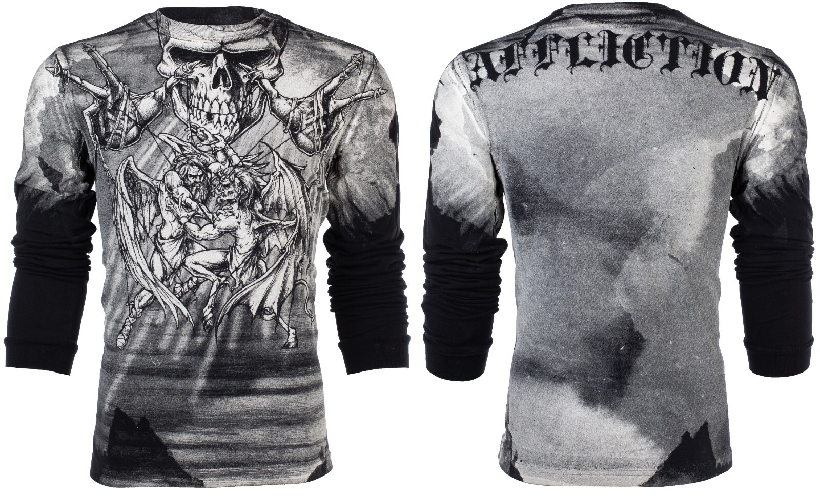 $78 AFFLICTION Black PUPPET MASTER Skull Long Sleeve Slim Fit Y2K T-shirt NWT