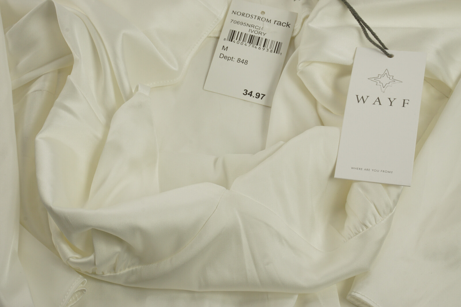 New WAYF Women Size M Ivory Satin Cold Shoulder Long Sleeve Spaghetti V-Neck Top