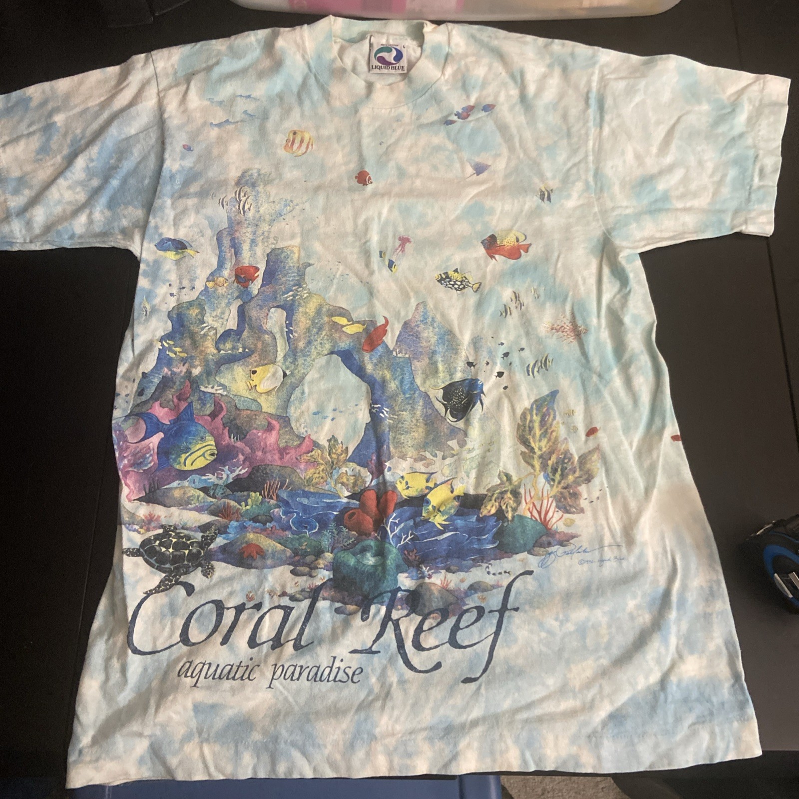 Vintage Liquid Blue Coral Reef Aquatic Paradise Tie Dye T Shirt Single Stitch L