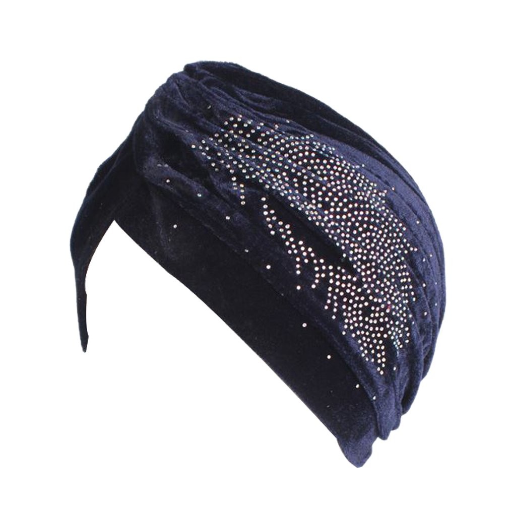 Feather Image Velvet-Feel Twist Pleated Hair Wrap Stretch Turban Hat Navy