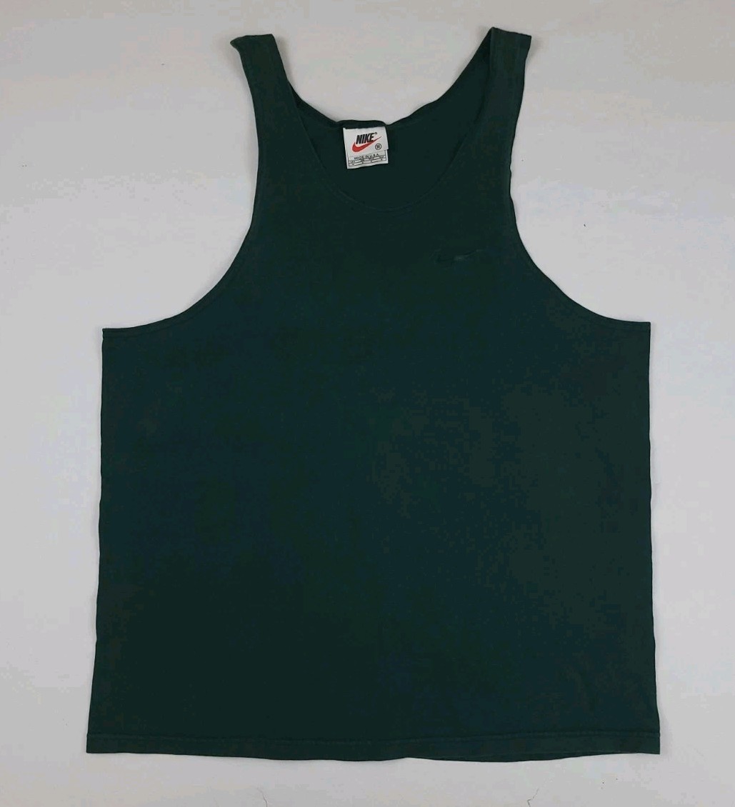 Vintage 90s Nike Swoosh Logo Embroidered Tank Top USA Dark Green Faded Bleach **