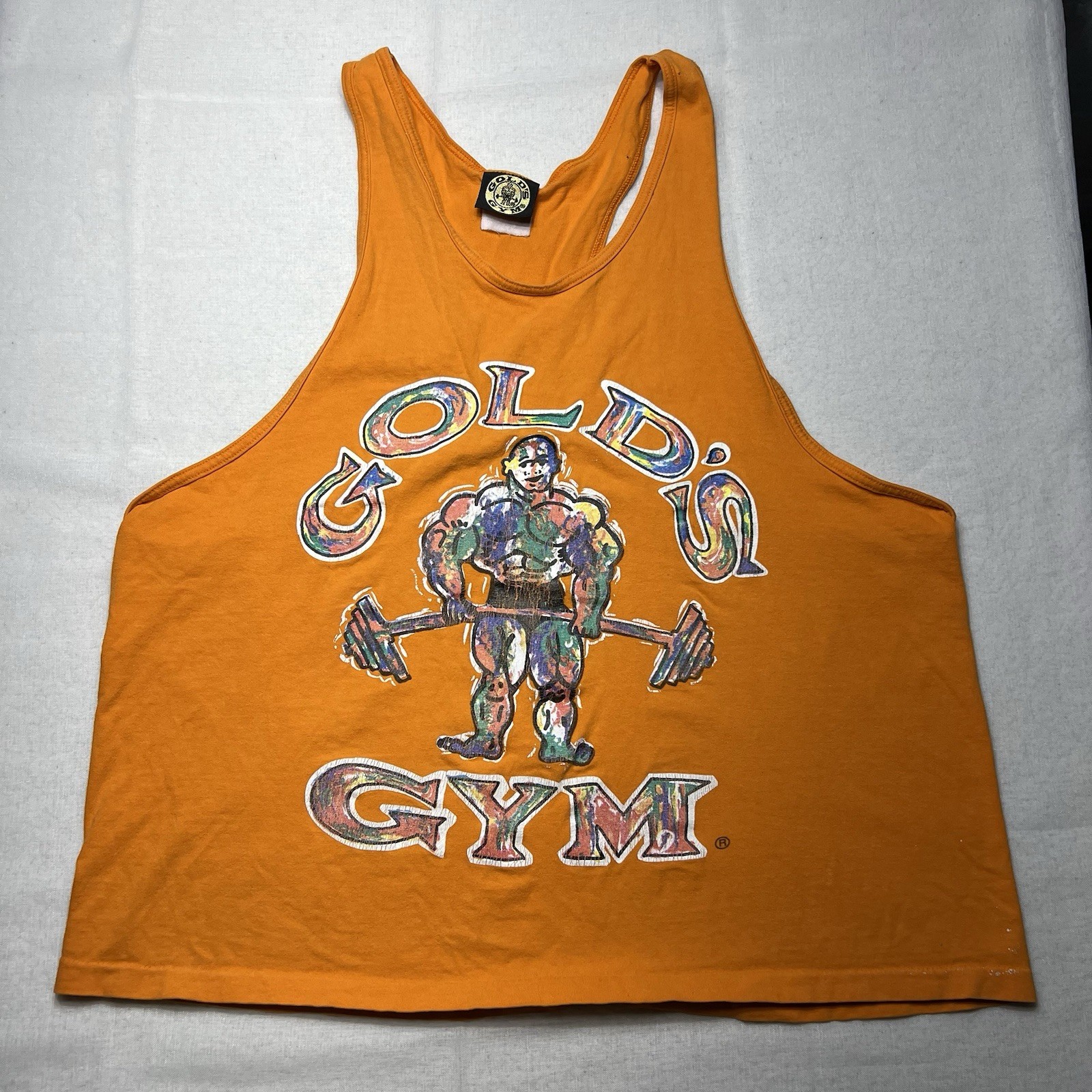 VTG Gold’s Gym Muscle Joe Stringer Tank Top Orange Abstract Men’s No Size 90s