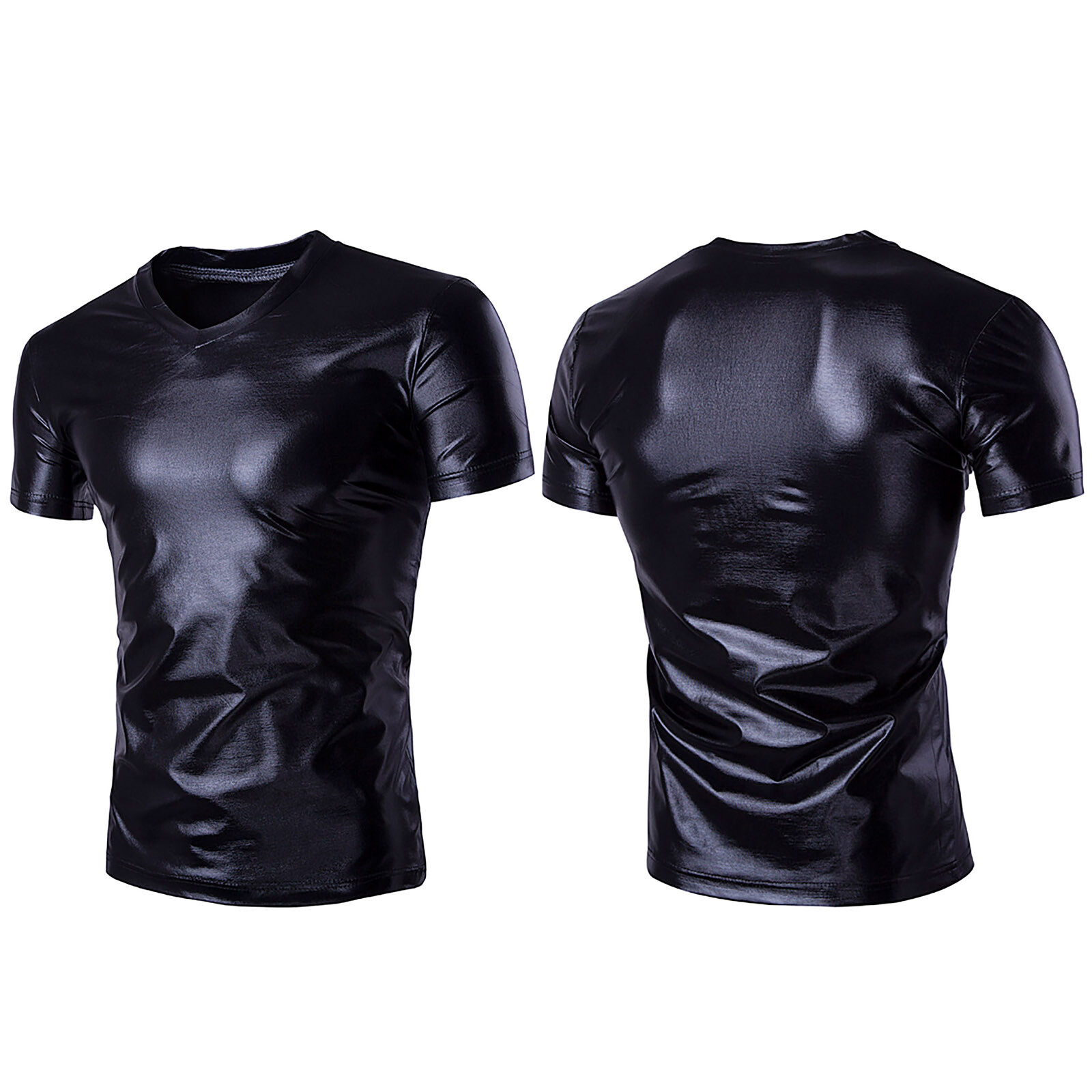 US Men Slim Shiny Costume Short Sleeve V Neck T-Shirt Metallic Wet Look Shirts