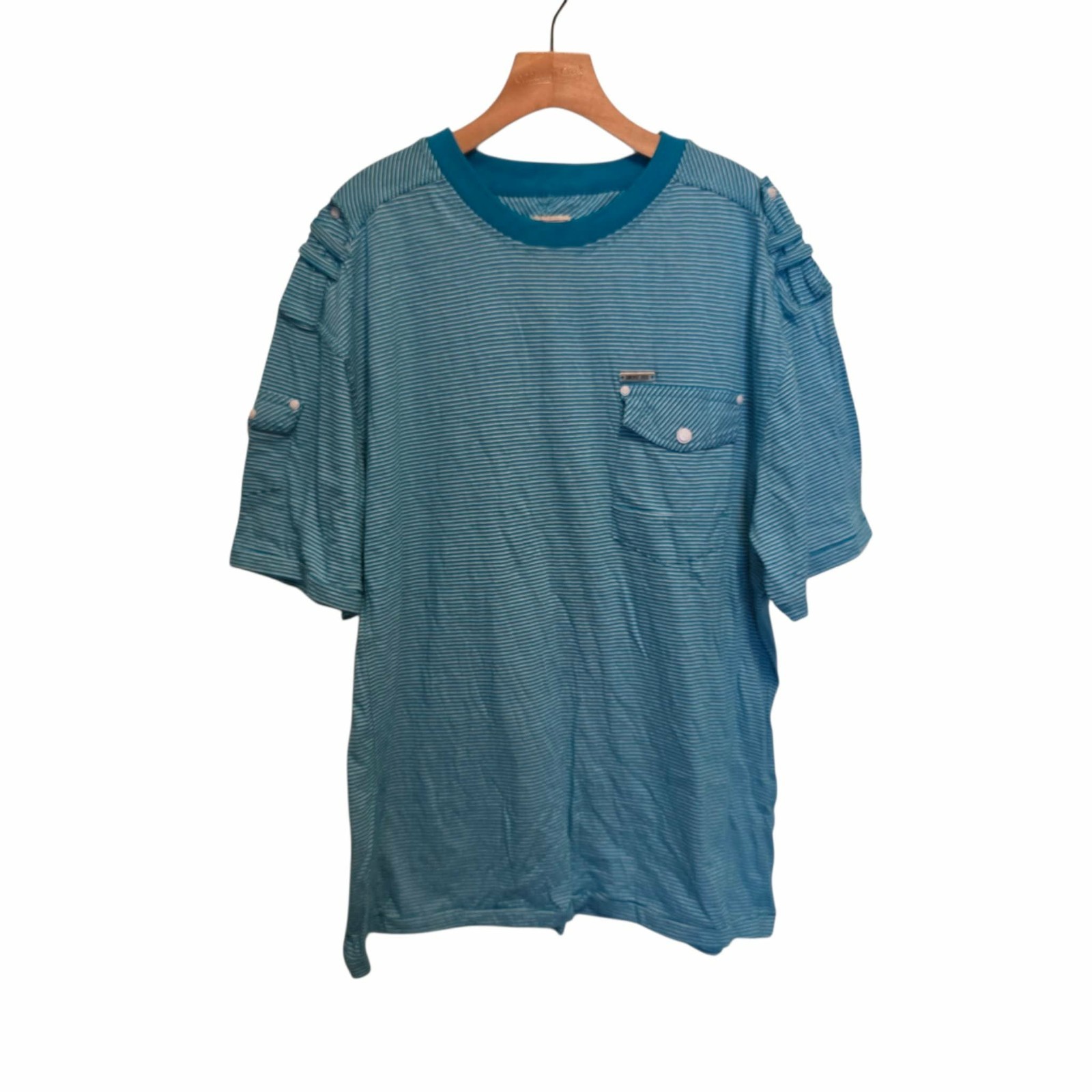 Vtg Smoke Rise T-Shirt Vintage Look Turquoise Striped Pocket Epaulettes XL NEW