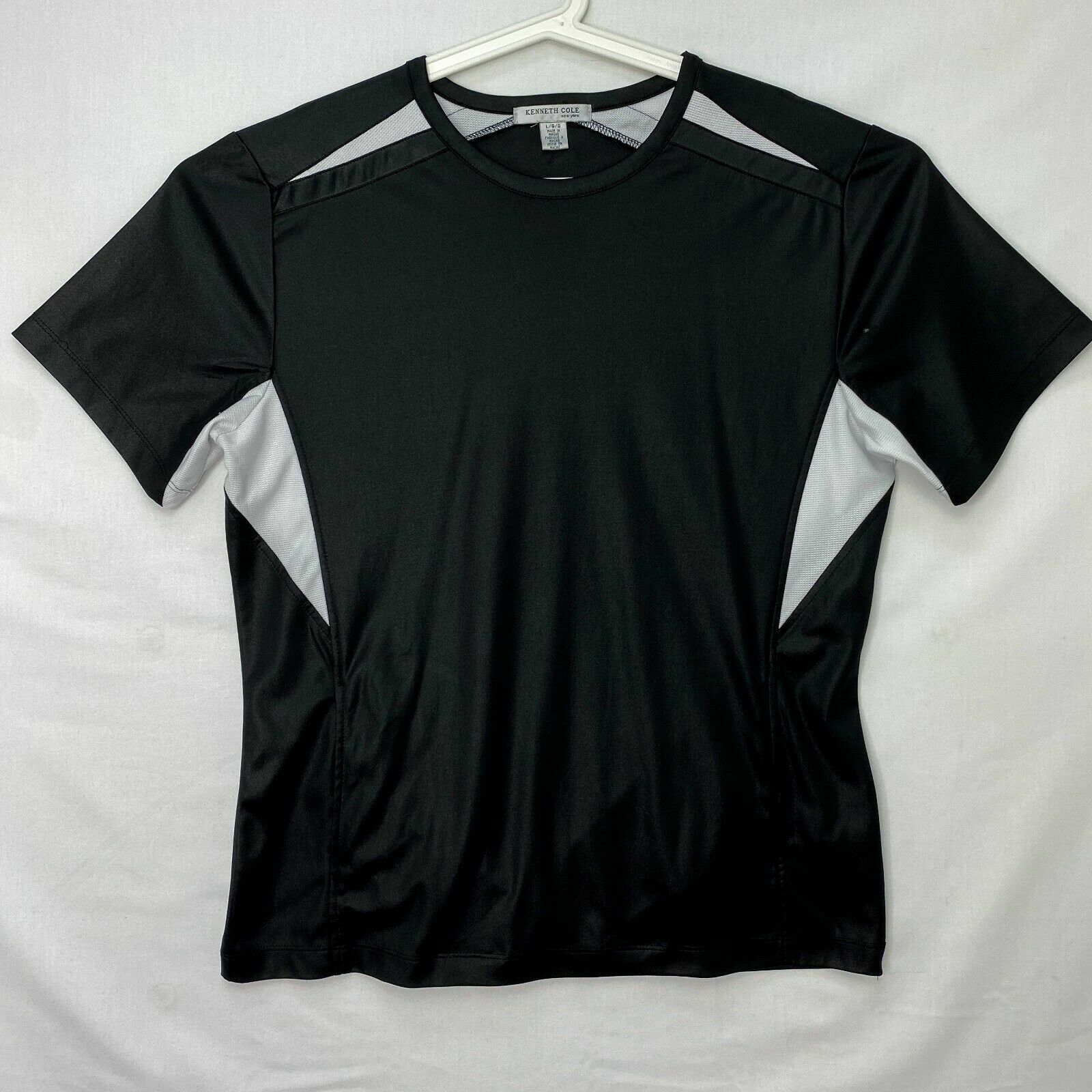 Kenneth Cole New York Mens Large Shirt Black Stretchy Knit White Mesh Pockets