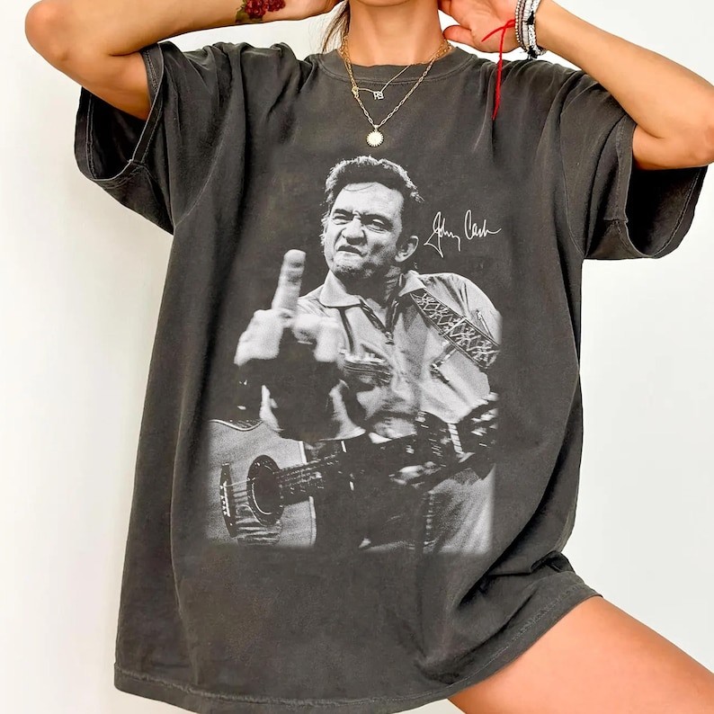 Johnny Cash Middle Finger T-Shirt Charcoal Short Sleeve tee Remake NH25123