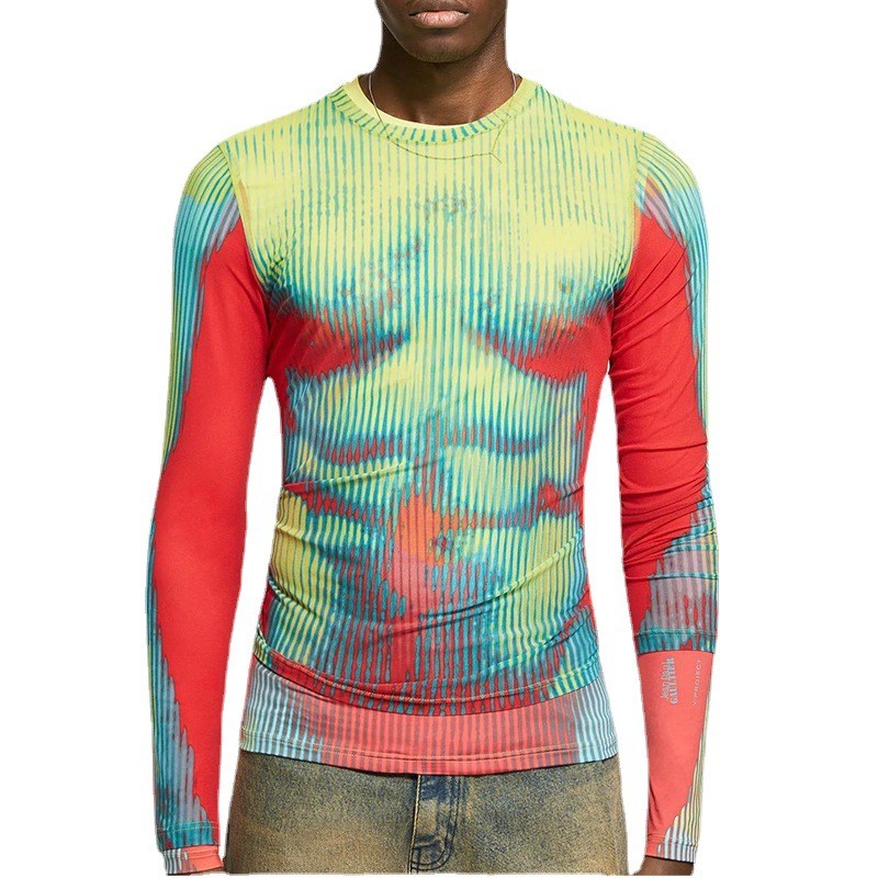 Men’s Autumn Tight Long Sleeve Sexy Top Striped Print Round Neck Elastic T-Shirt