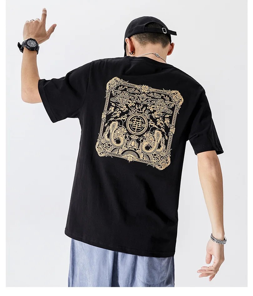 Men Embroidered Dragon T Shirt Chinese Style Streetwear Crew Neck Summer Tee Top