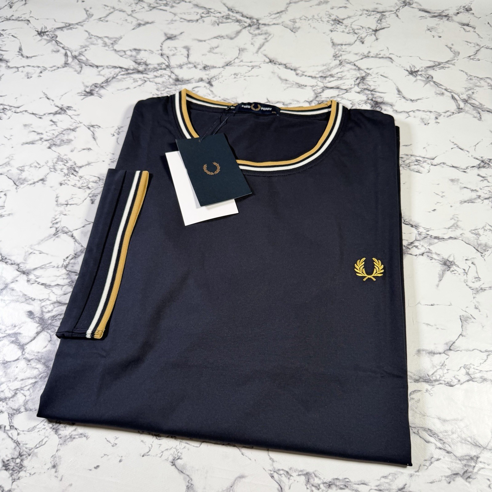 FRED PERRY Mens Navy Twin Tipped T Shirt SIZE 2XL XXL M1588 W53 BNWT Authentic