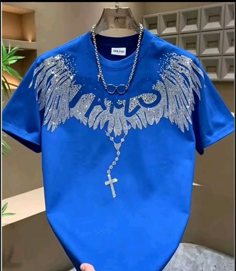 New Men Luxury Diamond Wings Rhinestones Fashion T-Shirt High Quality