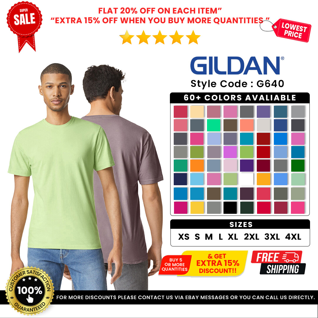 Gildan G640 Mens Softstyle Ringspun Cotton Jersey Knit Crew Neck Plain T-Shirt