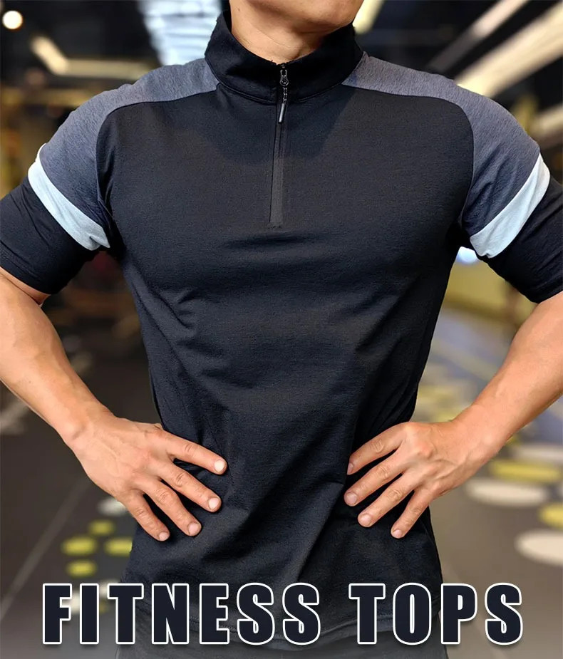 Men Fitness Running Half Zip Training Wear Summer High Elasticity Slim Fit Tee O