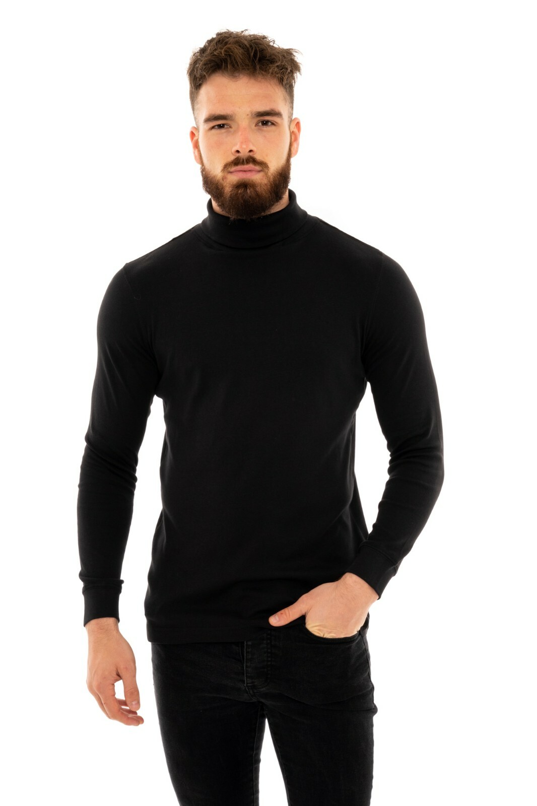 Mens Roll Neck Cotton Lightweight Jumper T-Shirt Turtle Funnel Long Sleeve Tops