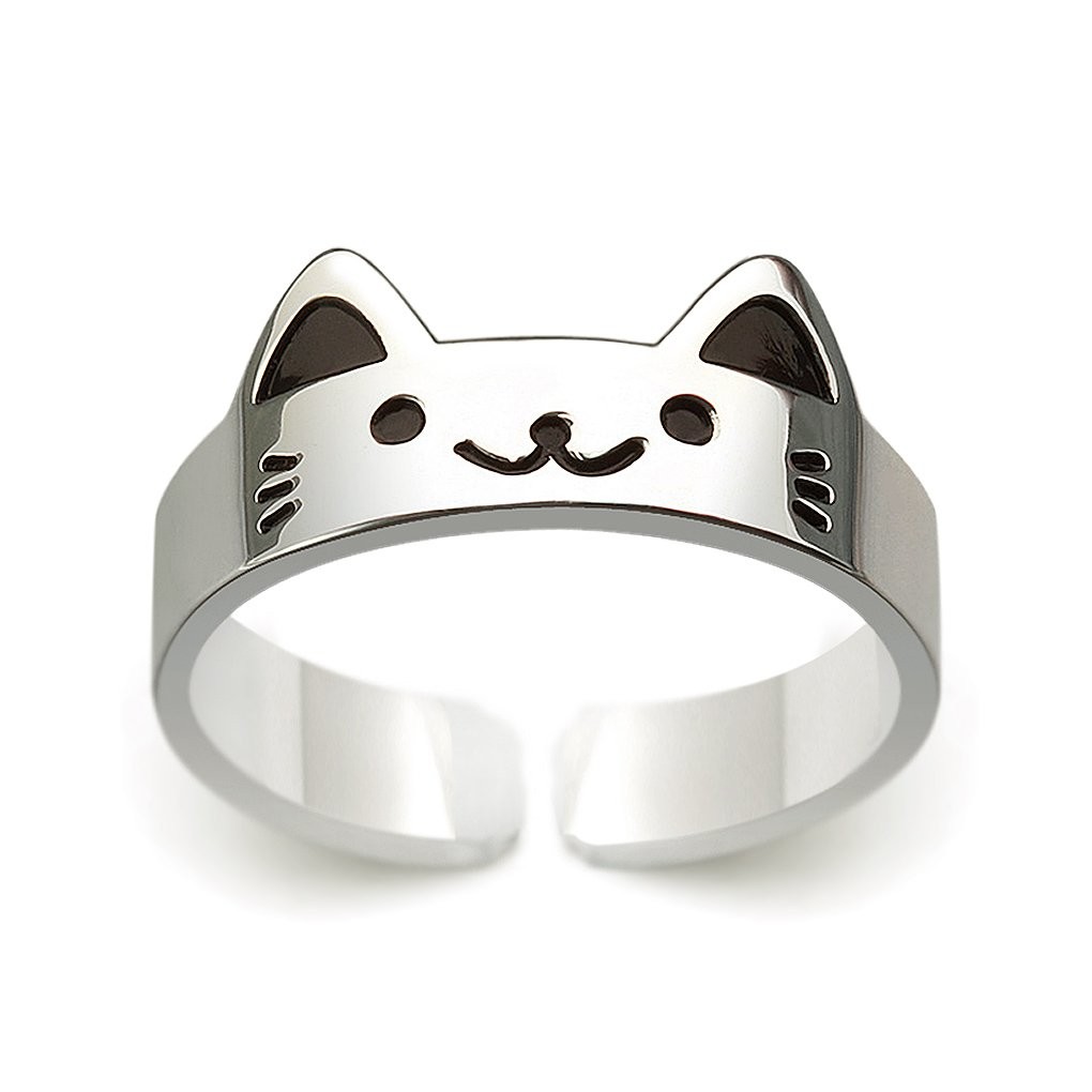 925 Sterling Silver Cat Ring, Adjustable Open Kitty Ring Size US 6-7, Cute An…