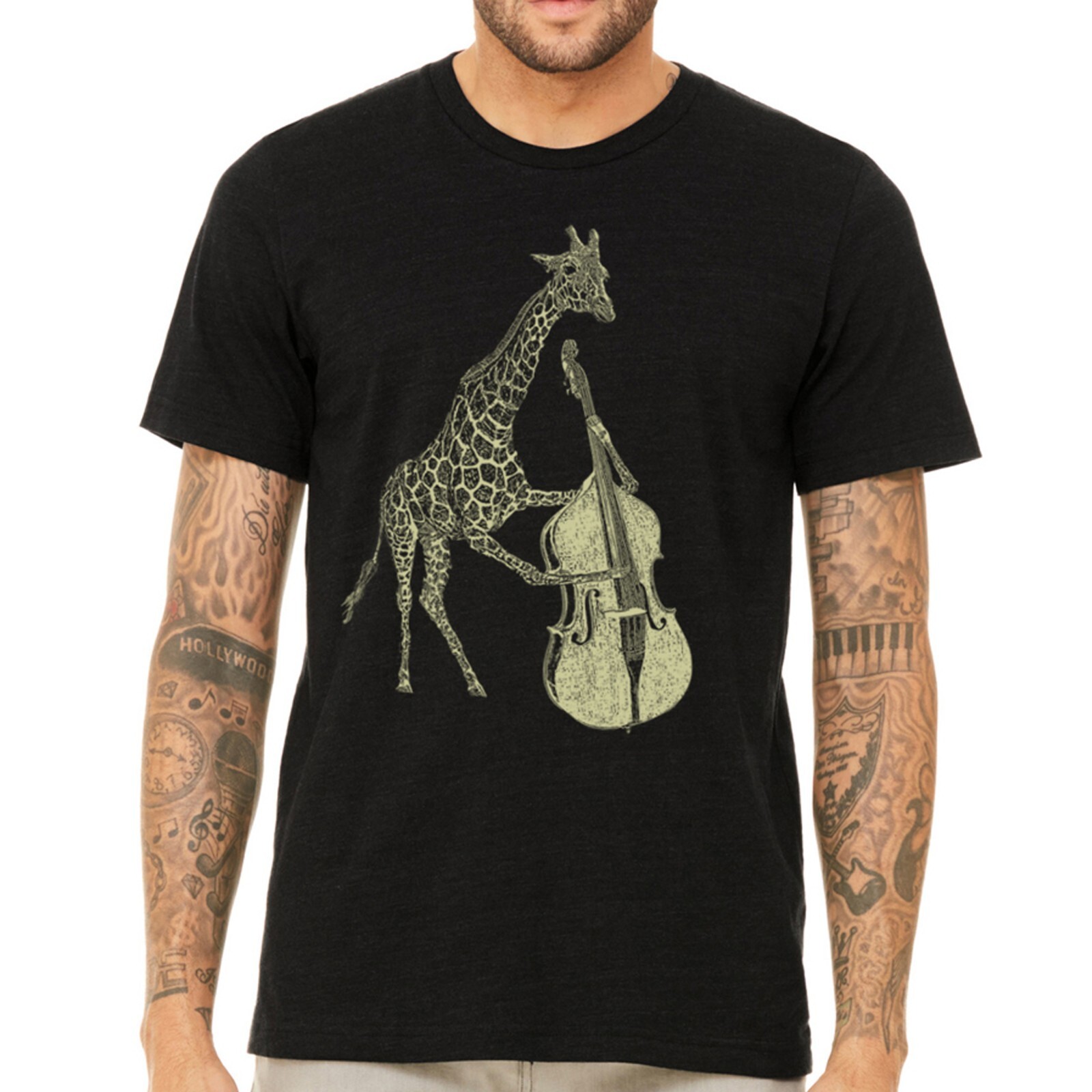 Giraffe Playing Bass T Shirt- Men’s Music Animal Tee- Guys Graphic Screen Print