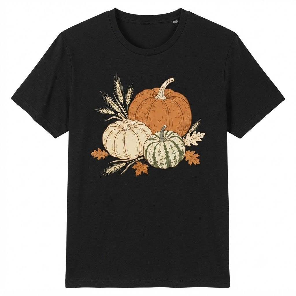 Autumn Harvest Pumpkins Wheat Leaves Thanksgiving Line Art Graphic T-shirt