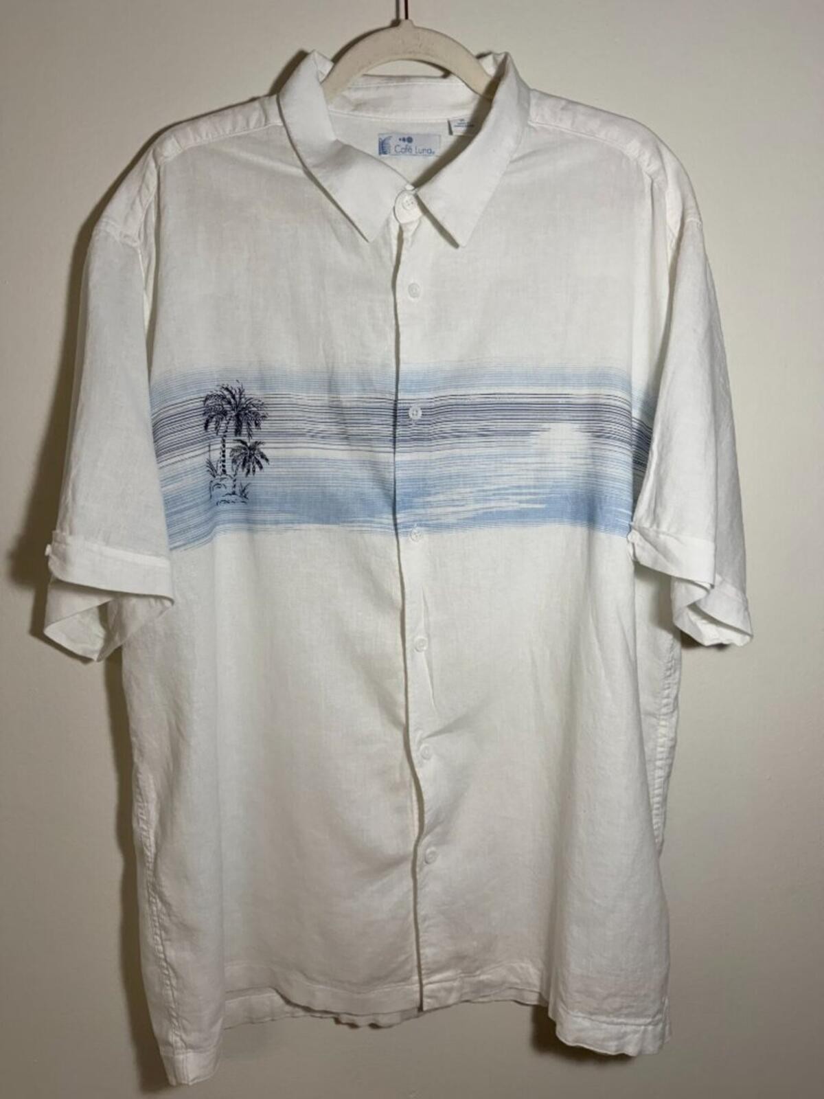 Cafe Luna White Linen Blend Tropical Button Up Shirt Vacation Coastal Grandpa