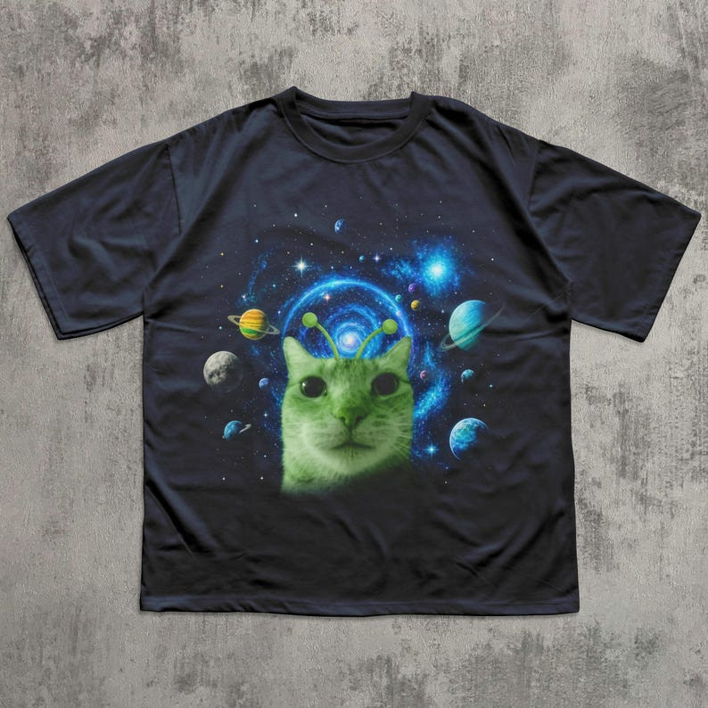 Alien Cat Meme Shirt Funny Space Cat Graphic Tee Trippy Cat Lover Gift