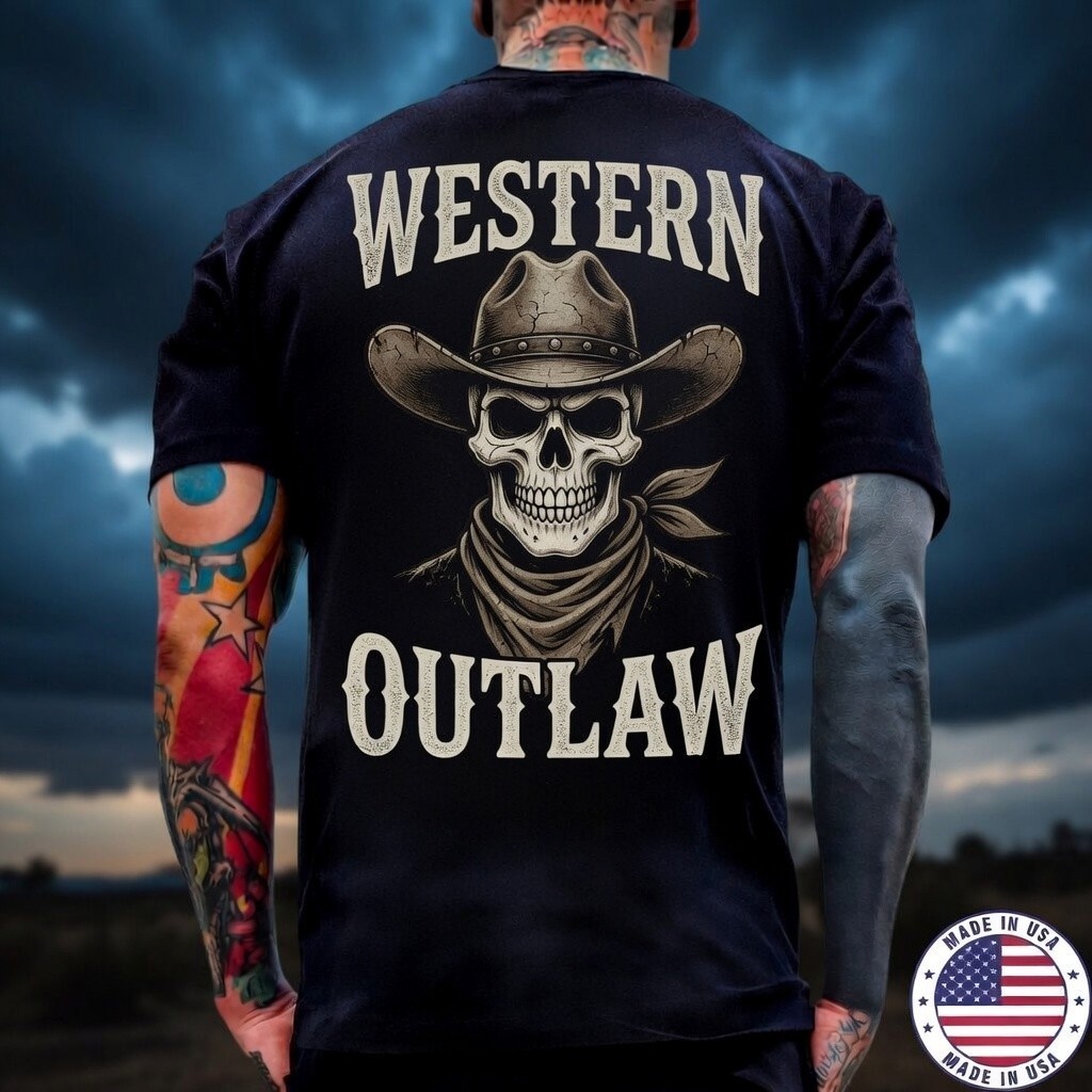 Mens Western Outlaw Skull Cowboy T-Shirt Black Graphic Tee Made in USA S-5XL