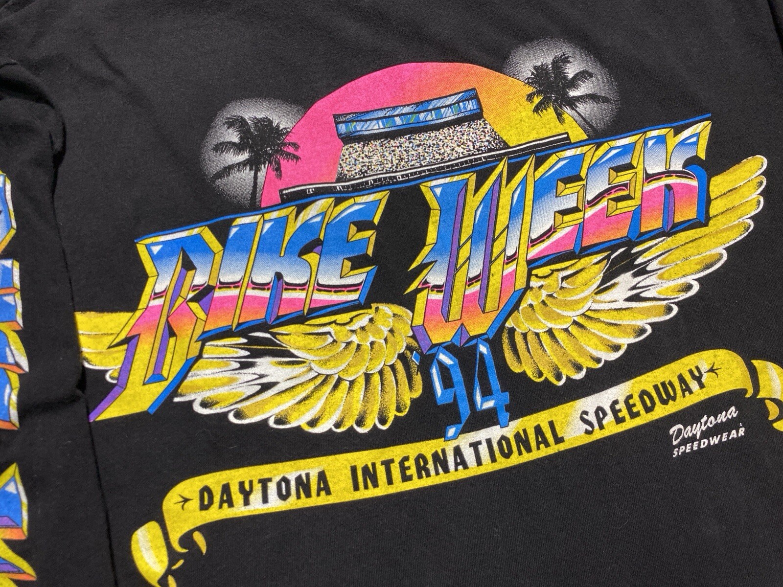Vintage Bike Week Long Sleeve T Shirt Mens Large Neon 90s Daytona Speedway Retro